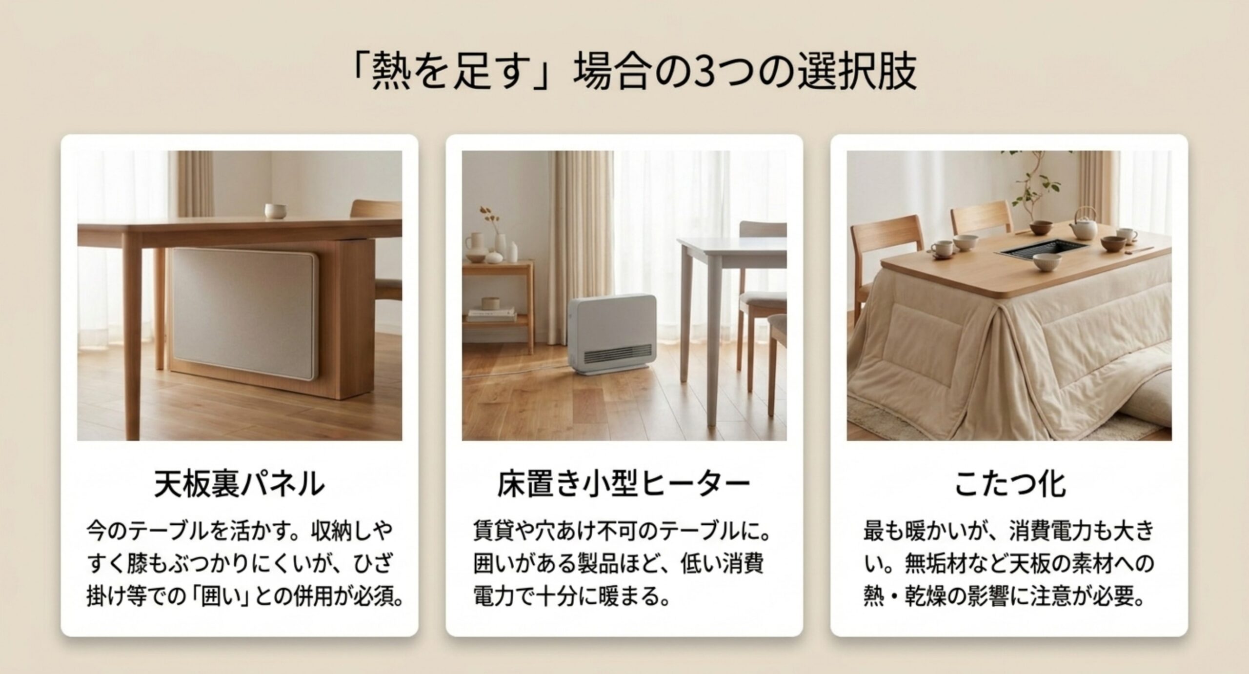 天板裏に貼るパネルヒーター、足元に置く小型ヒーター、テーブルをこたつ化する方法それぞれの長所と注意点を並べたスライド