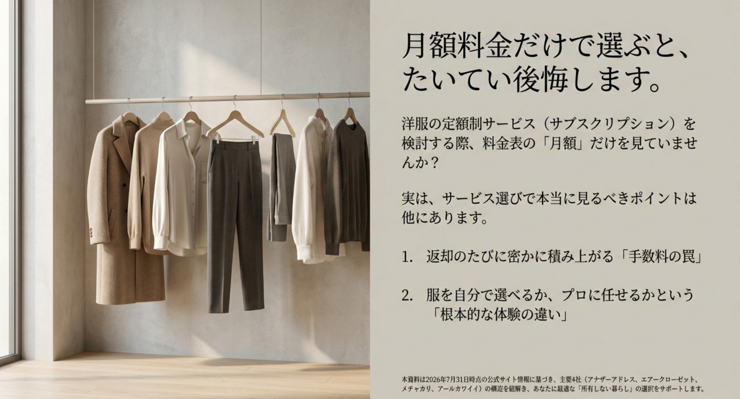 ハンガーに並んだ洋服を背景に「月額料金だけで選ぶと、たいてい後悔します」と書かれた記事の表紙スライド