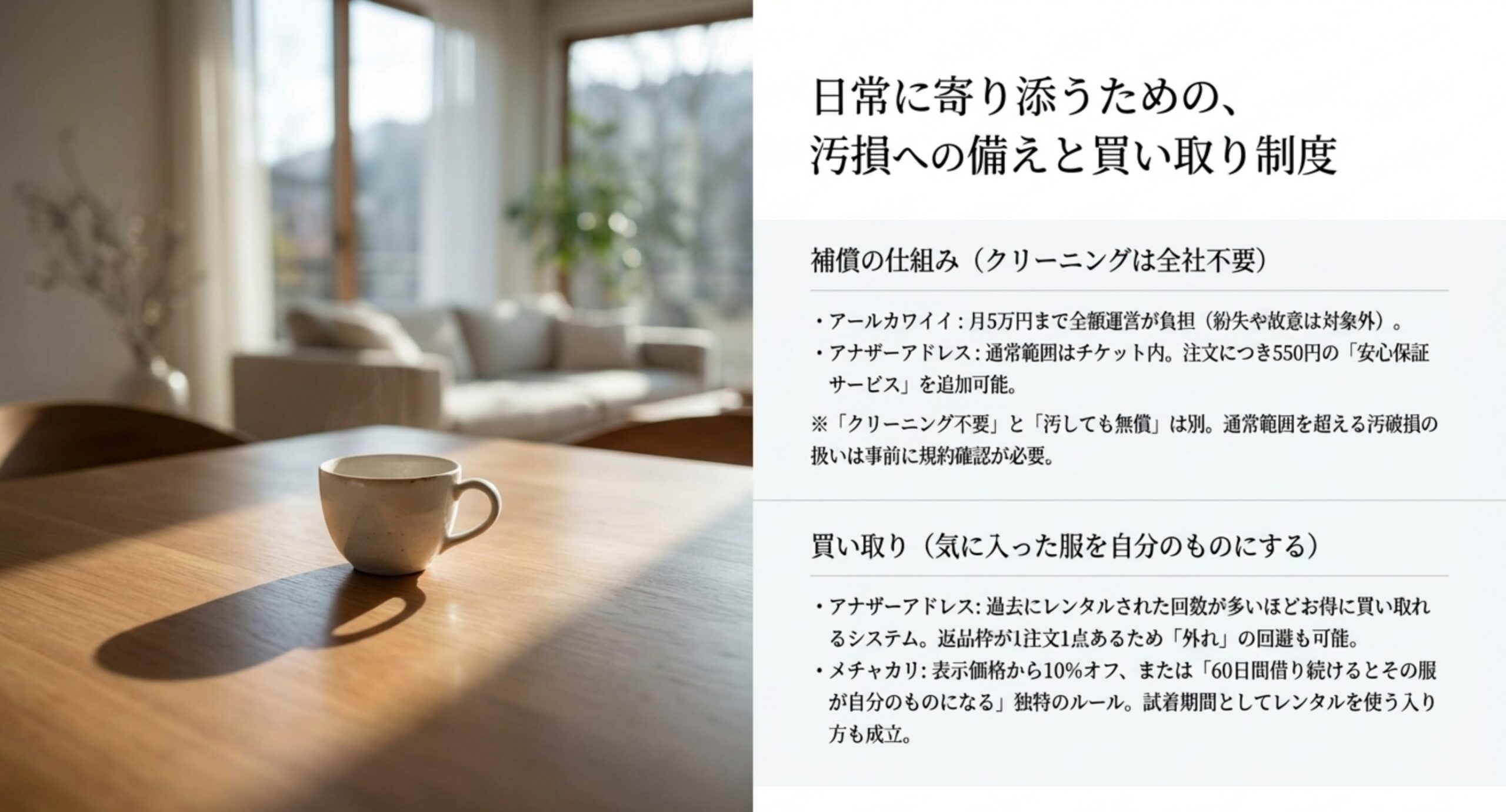 アールカワイイは月5万円まで全額運営が負担、アナザーアドレスは注文につき550円の安心保証サービスを追加でき、クリーニング不要と汚しても無償は別であることを整理したスライド