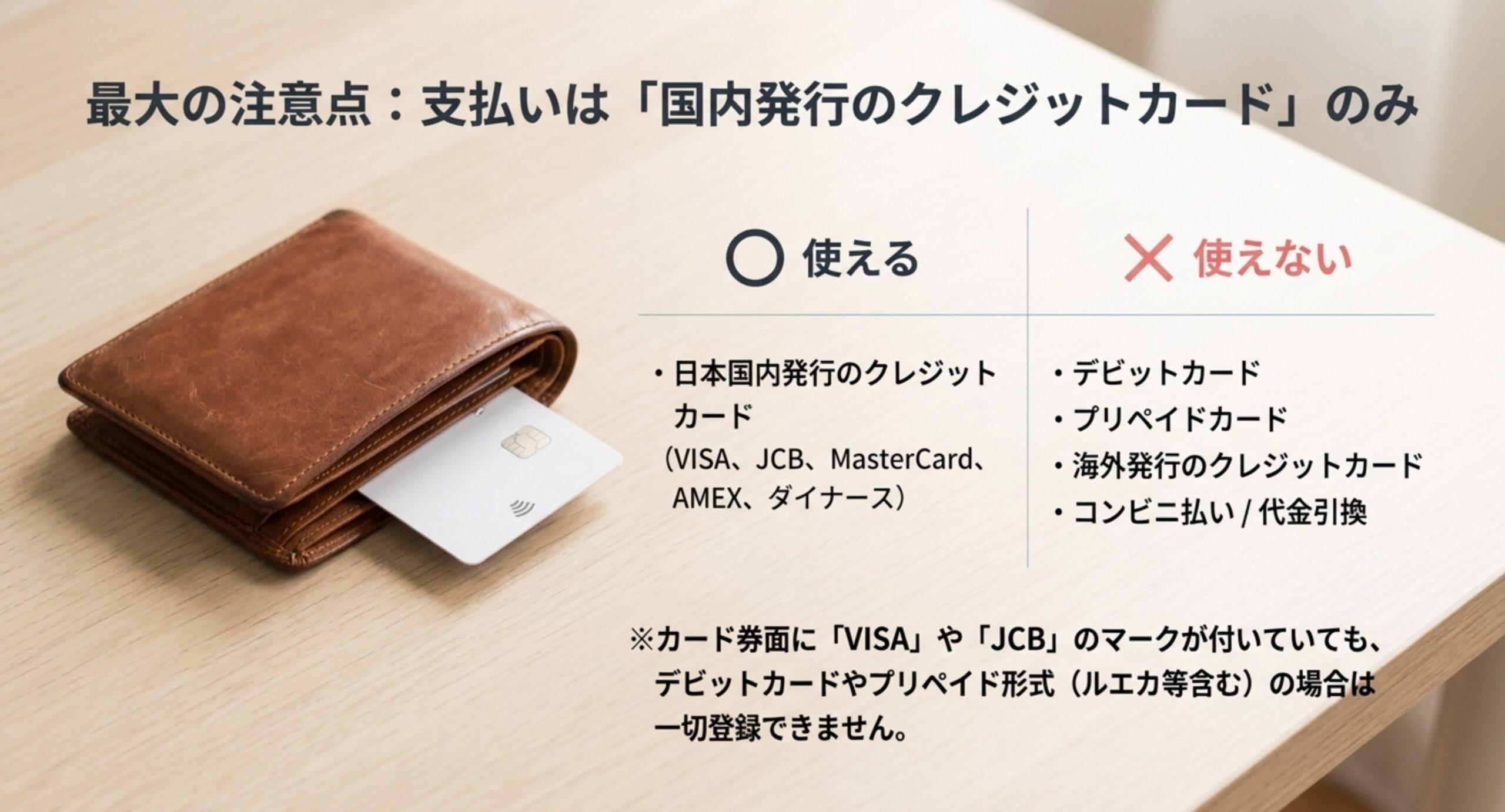 使えるのは日本国内発行のクレジットカード5ブランドのみで、デビットカード・プリペイドカード・海外発行カード・コンビニ払い・代金引換は使えないことを対比した表のスライド