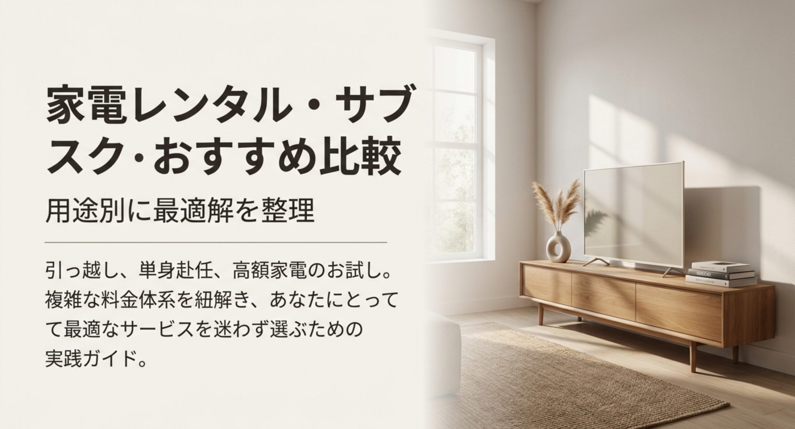 家電レンタル・サブスクおすすめ比較という表題と、テレビとテレビボードを置いた明るいリビングを写した表紙スライド