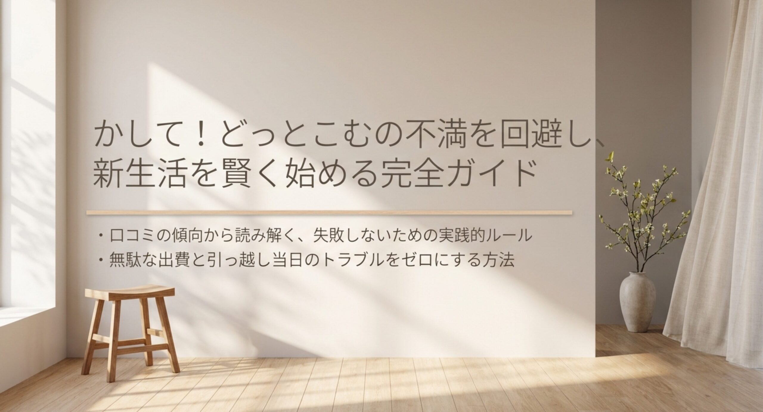 かして！どっとこむの不満を回避し新生活を賢く始める完全ガイドという表題と、日の差す部屋に置かれた木製スツールを写した表紙スライド