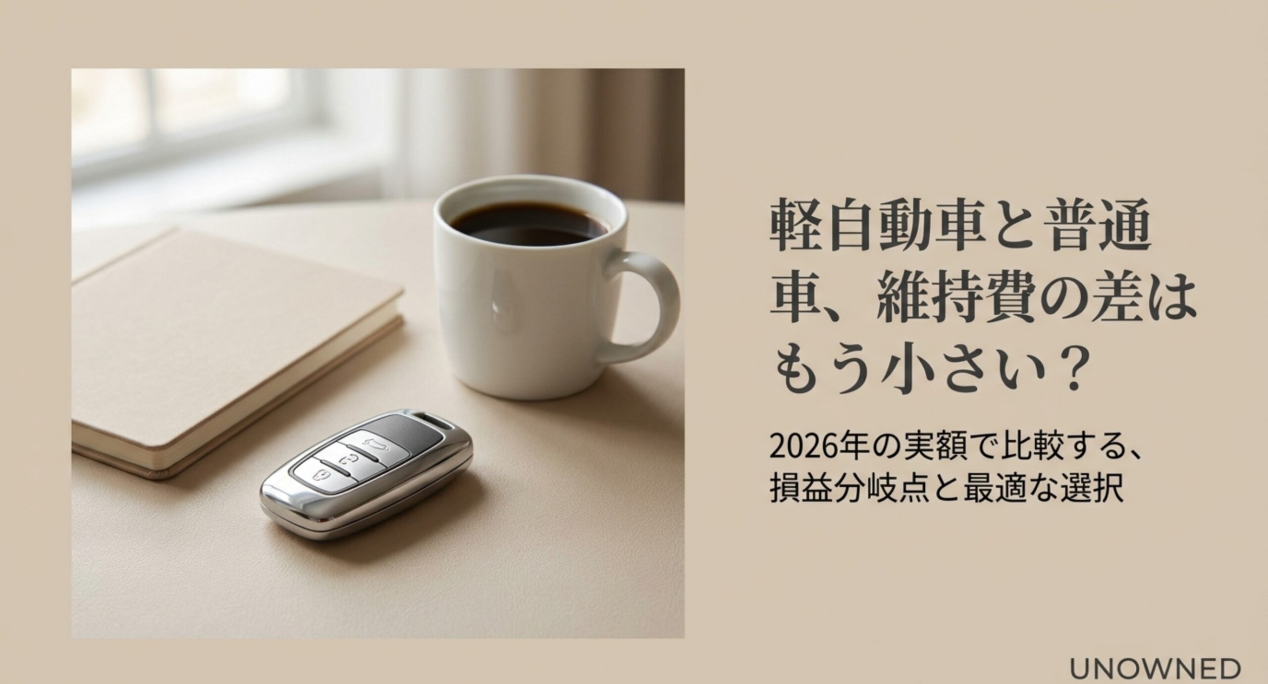2026年の実額で軽自動車と普通車の維持費の差と損益分岐点を比較する記事の表紙スライド