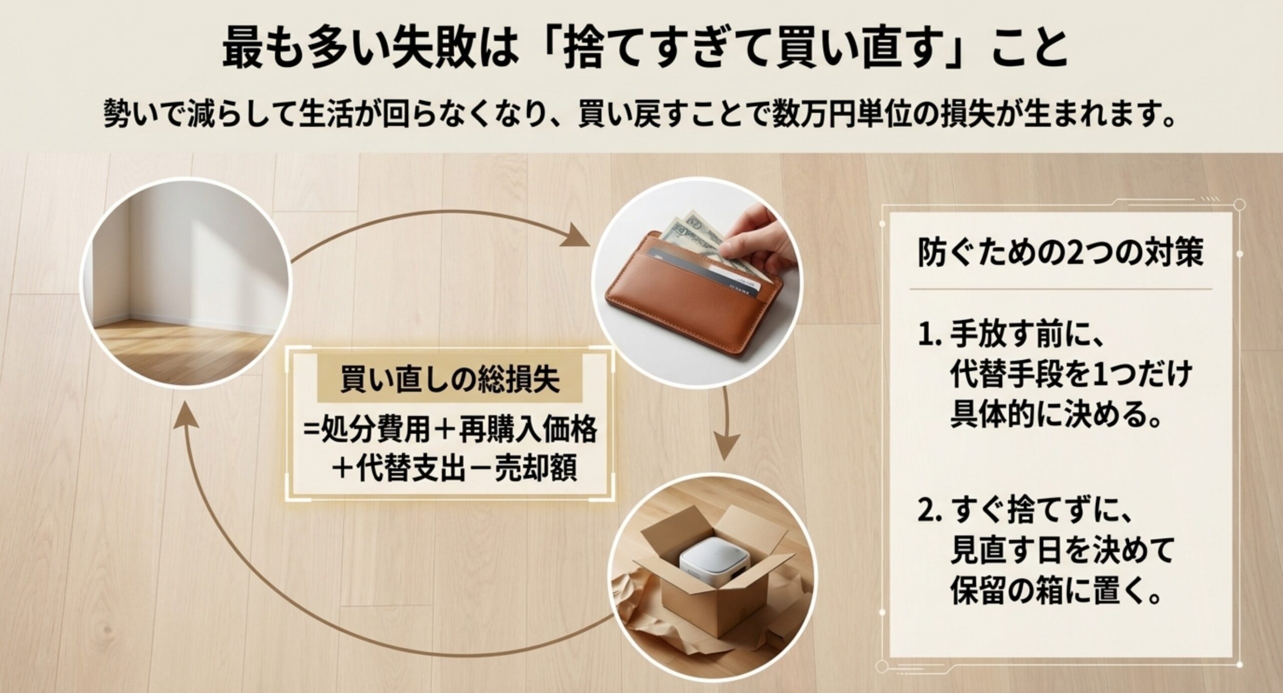 買い直しの総損失は処分費用と再購入価格と代替支出から売却額を引いたものになるという計算と、手放す前に代替手段を決める・保留の箱に置くという2つの対策を示したスライド