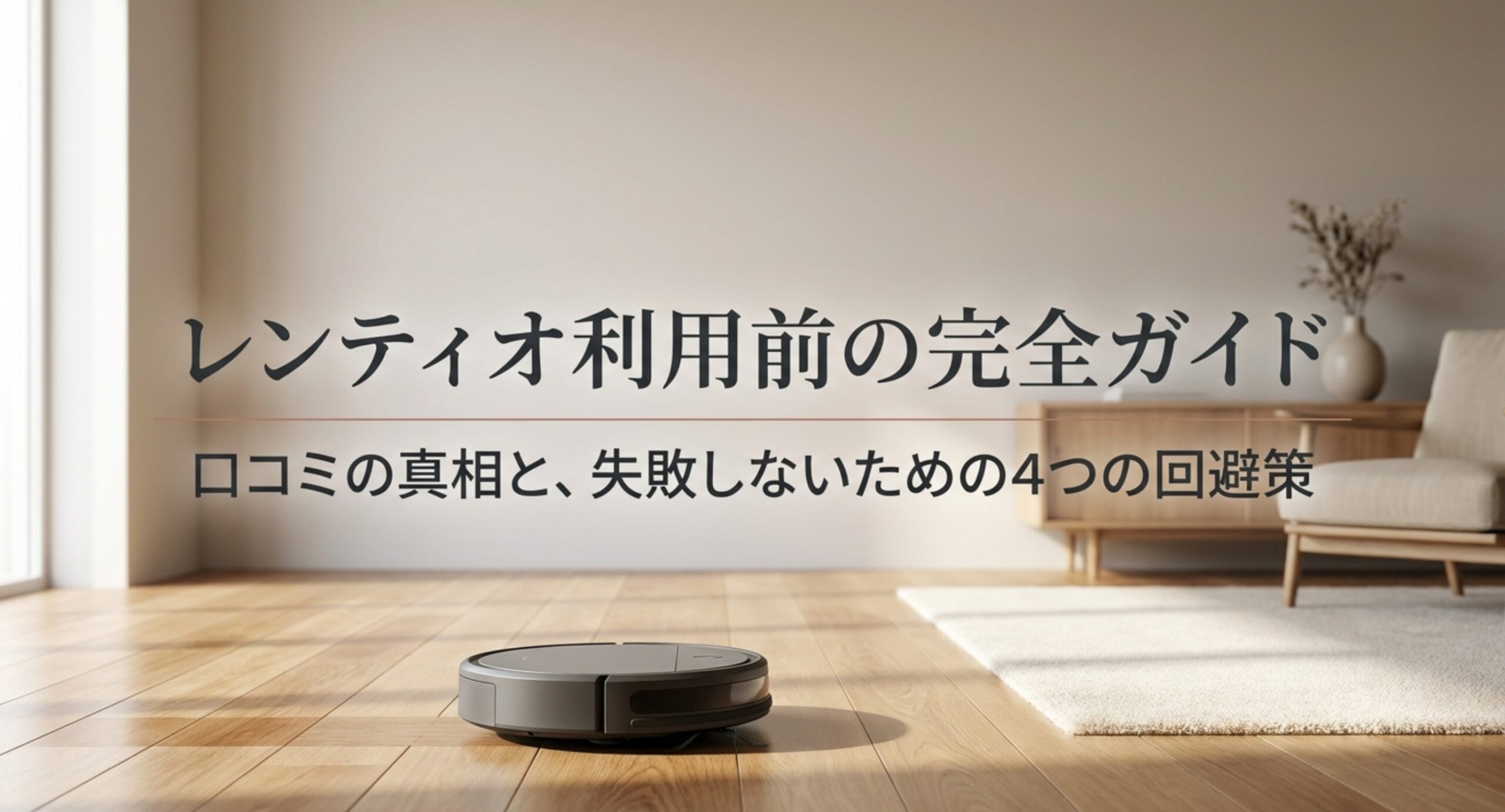 レンティオ利用前の完全ガイドという表題と、フローリングの上を走るロボット掃除機を写した表紙スライド