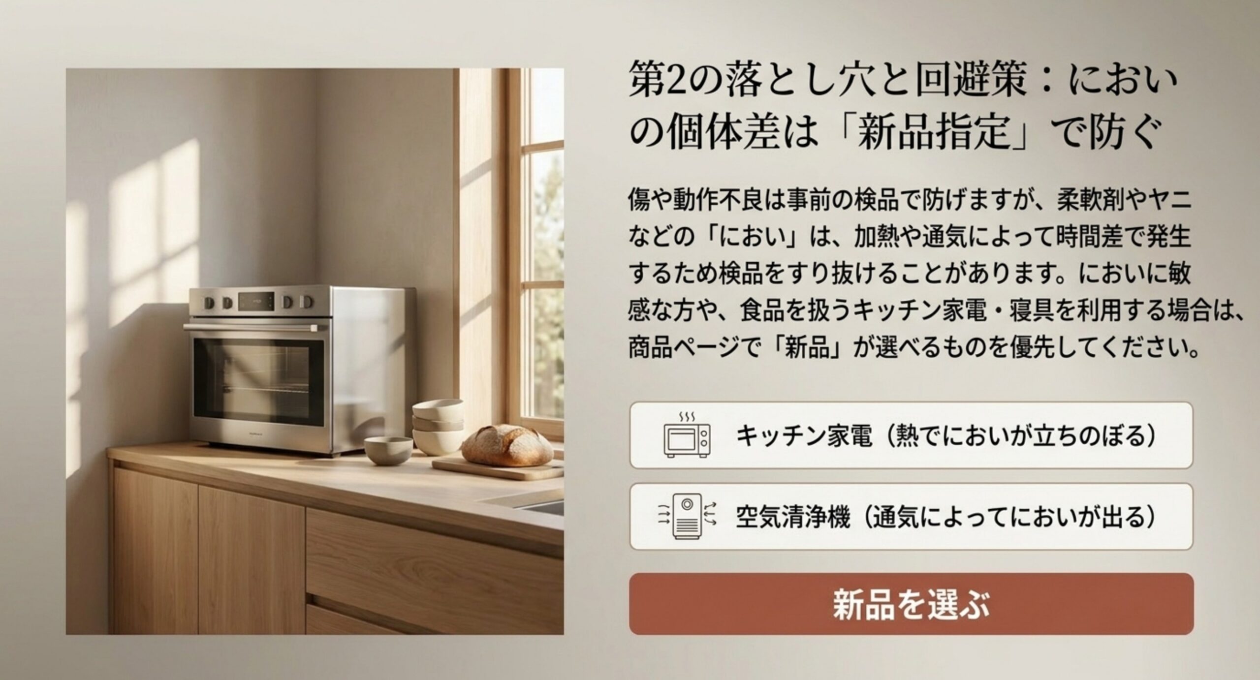 柔軟剤やヤニのにおいは加熱や通気で時間差に出るため検品をすり抜けることがあり、キッチン家電や空気清浄機では新品が選べる商品を優先するとよいことを説明したスライド