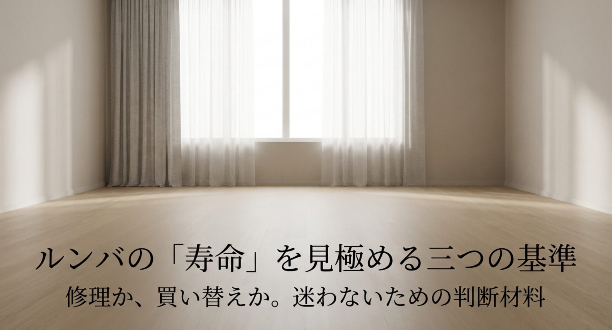 ルンバの寿命を見極める三つの基準を示した表紙スライド。修理か買い替えかを迷わないための判断材料という副題が入っている