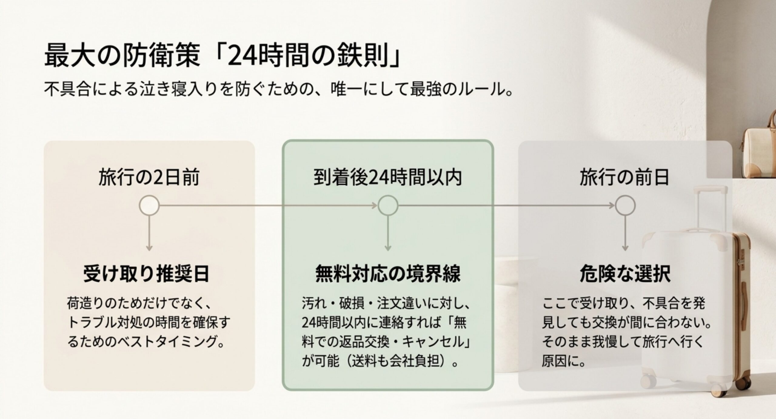 旅行の2日前に受け取れば到着後24時間以内の無料返品交換の相談ができるが、前日受け取りでは不具合を見つけても交換が間に合わないことを時系列で示したスライド