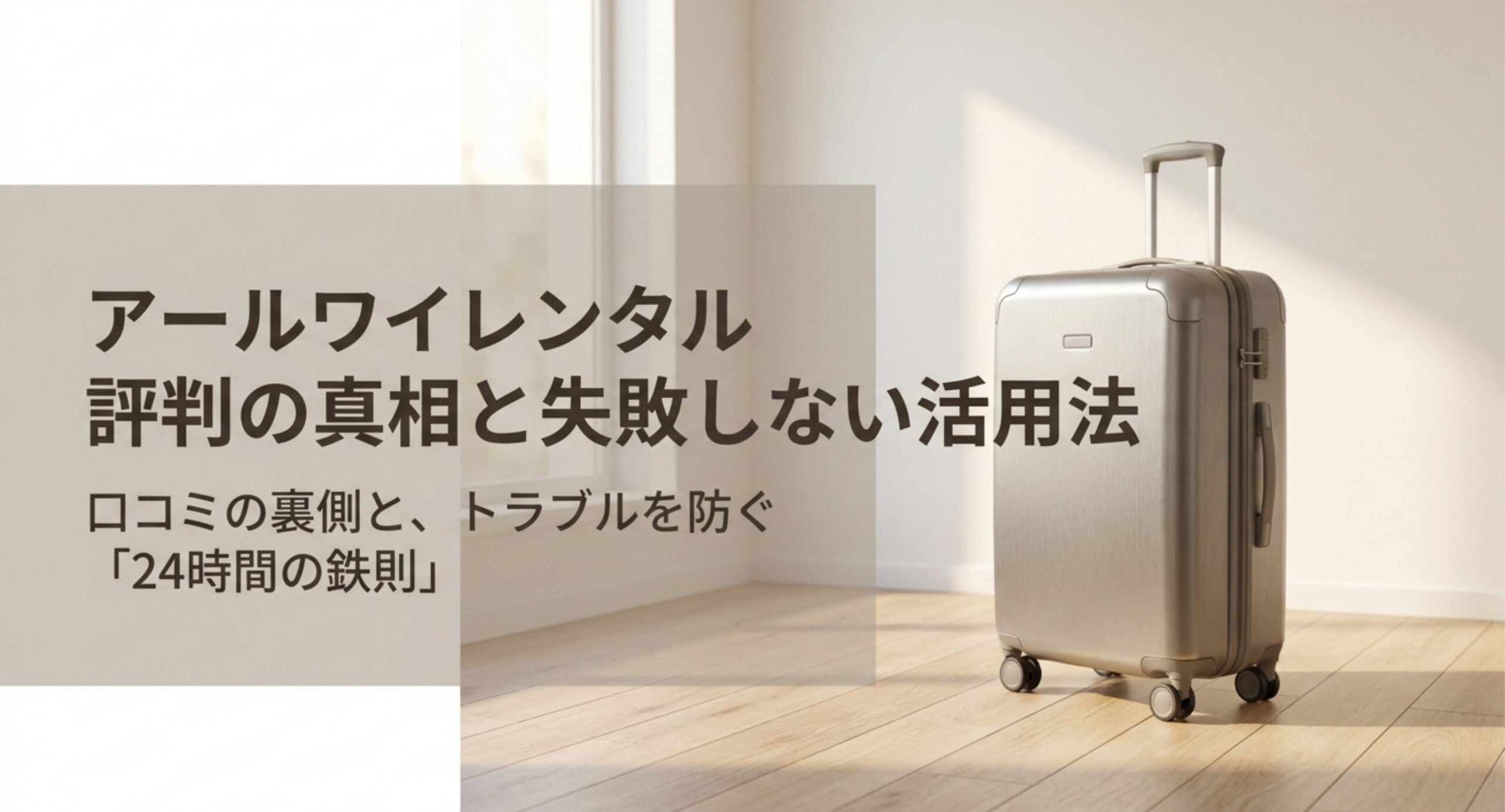 アールワイレンタルの評判と、トラブルを防ぐ24時間の鉄則という表題に、明るい部屋へ置かれたシルバーのスーツケースを添えた表紙スライド