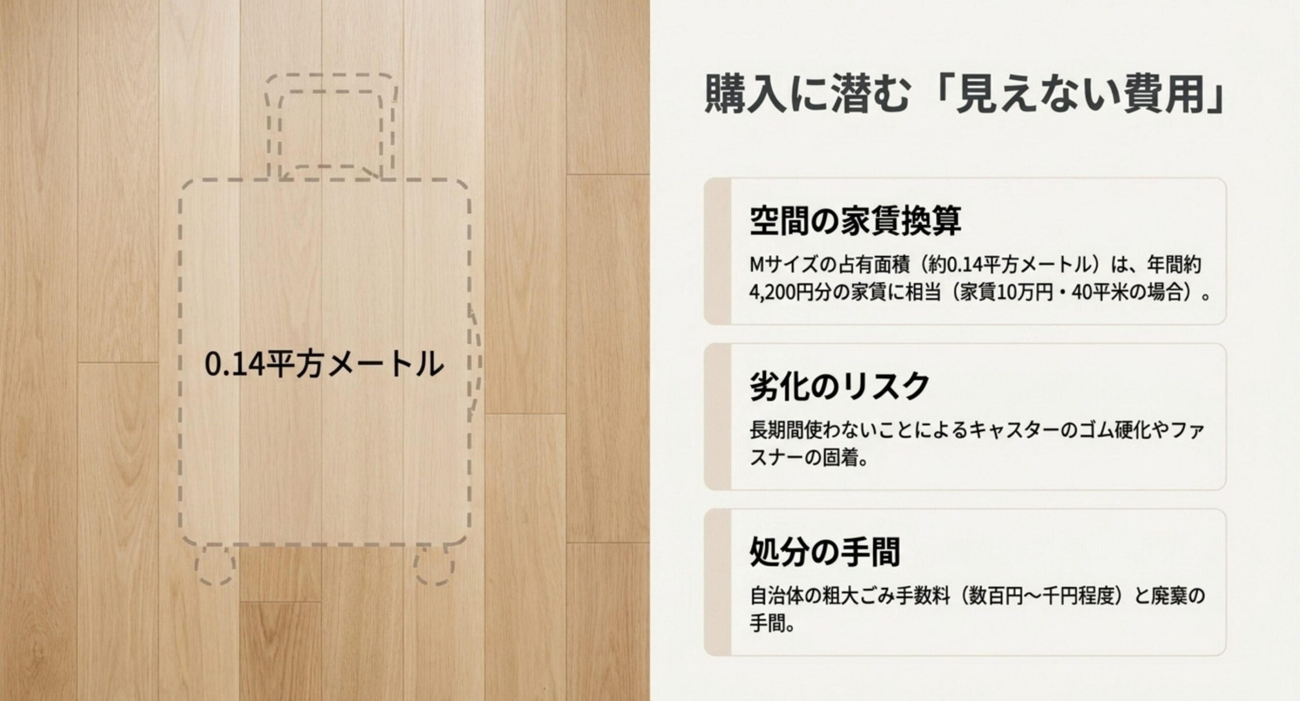 スーツケースを所有した場合にかかる保管スペースの家賃換算・キャスターの劣化リスク・粗大ごみの処分手数料という3つの見えない費用を整理したスライド