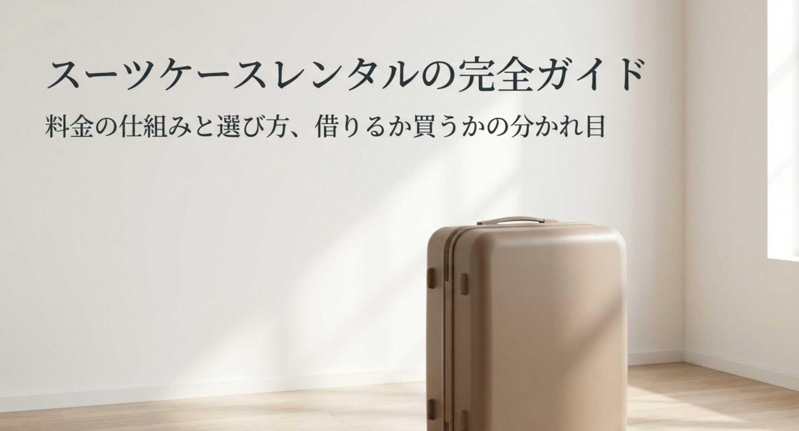 スーツケースレンタルの完全ガイドという表題と、明るい部屋に置かれたベージュのスーツケースを写した表紙スライド