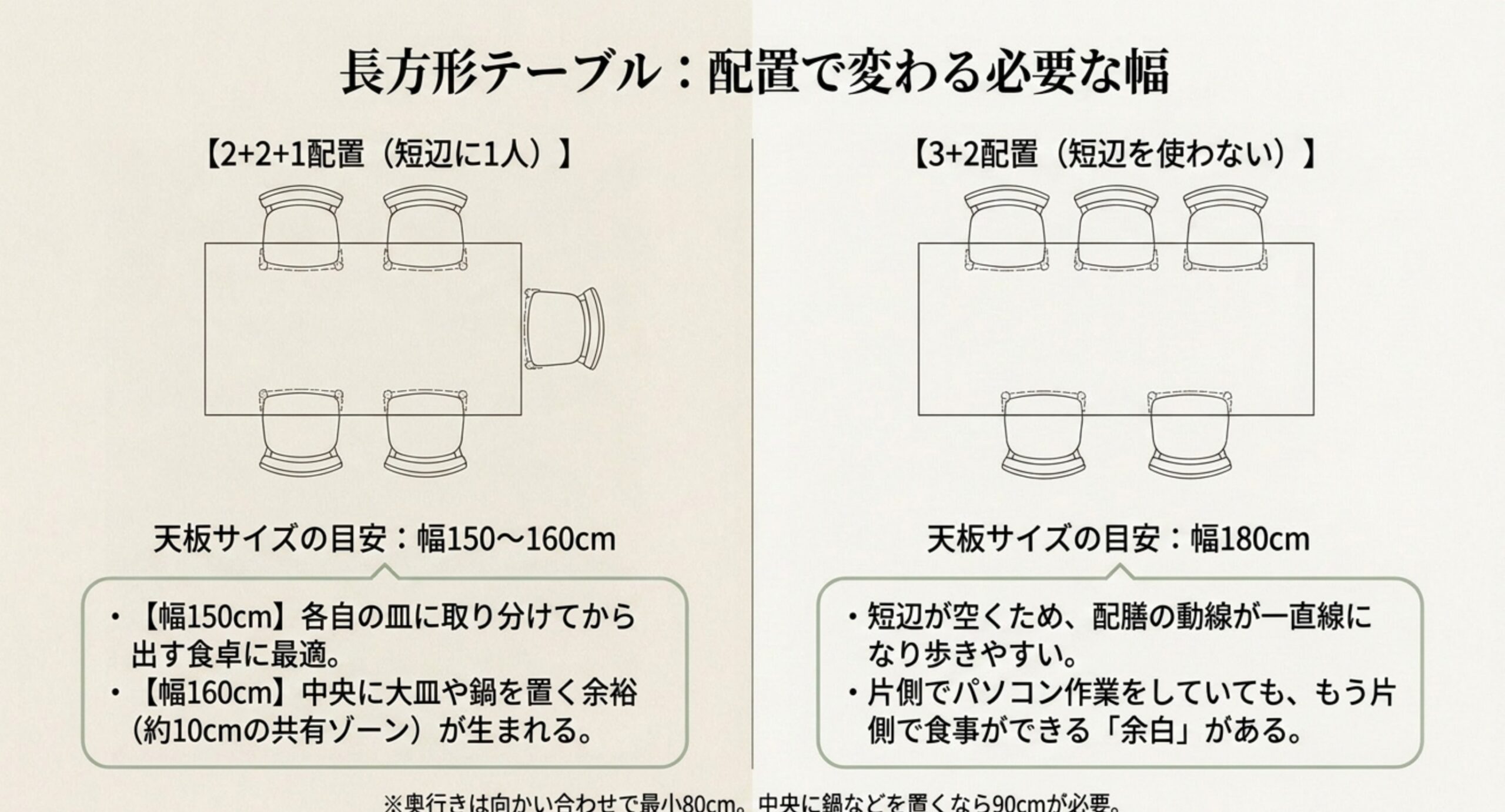 短辺にも1人座る2プラス2プラス1の配置と、短辺を使わない3プラス2の配置で必要な天板の幅がどう変わるかを比較したスライド
