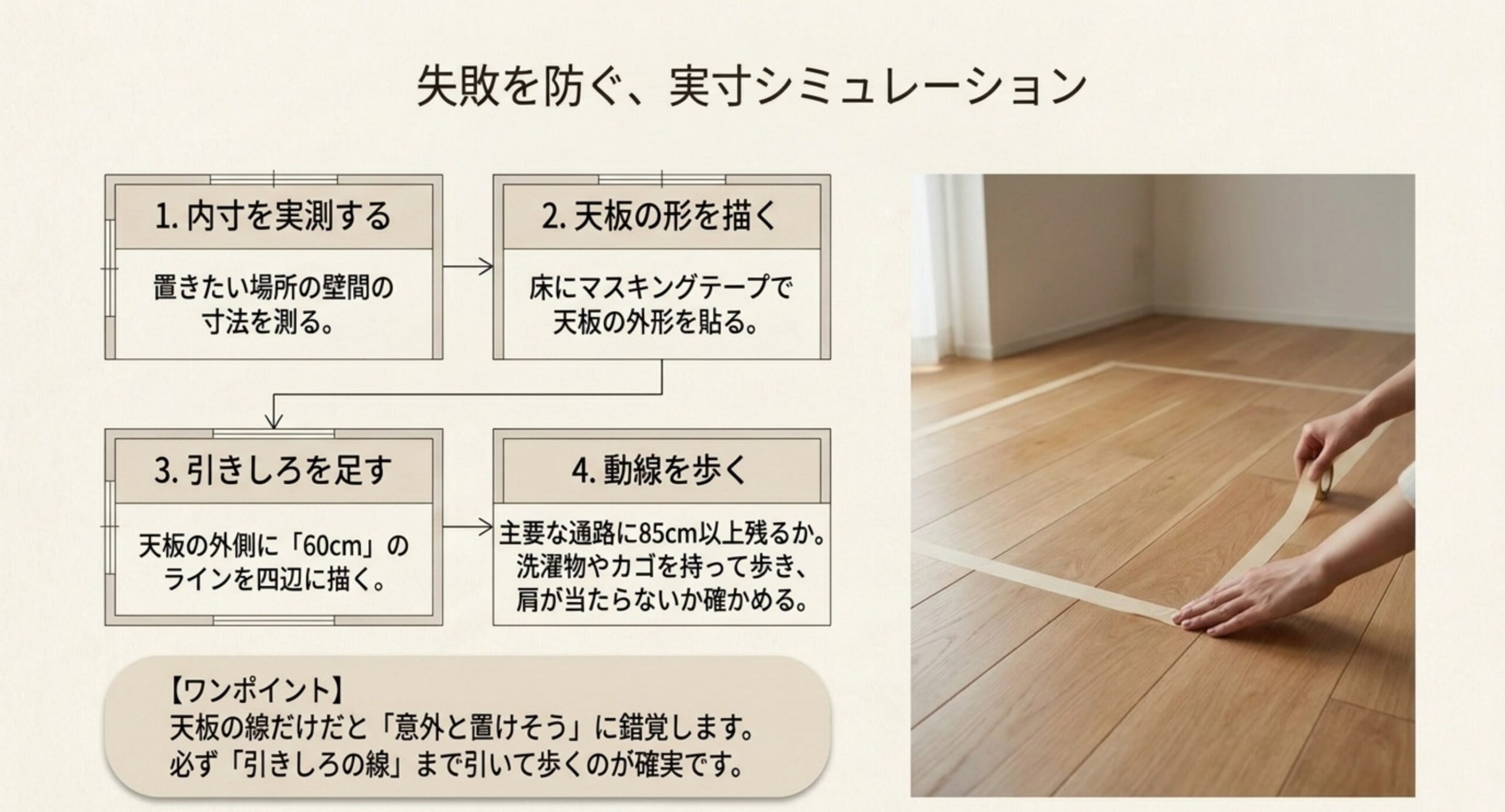 置きたい場所の壁間の内寸を実測し、床に天板の形を描いて椅子を引いた状態まで再現する失敗防止の手順を示したスライド