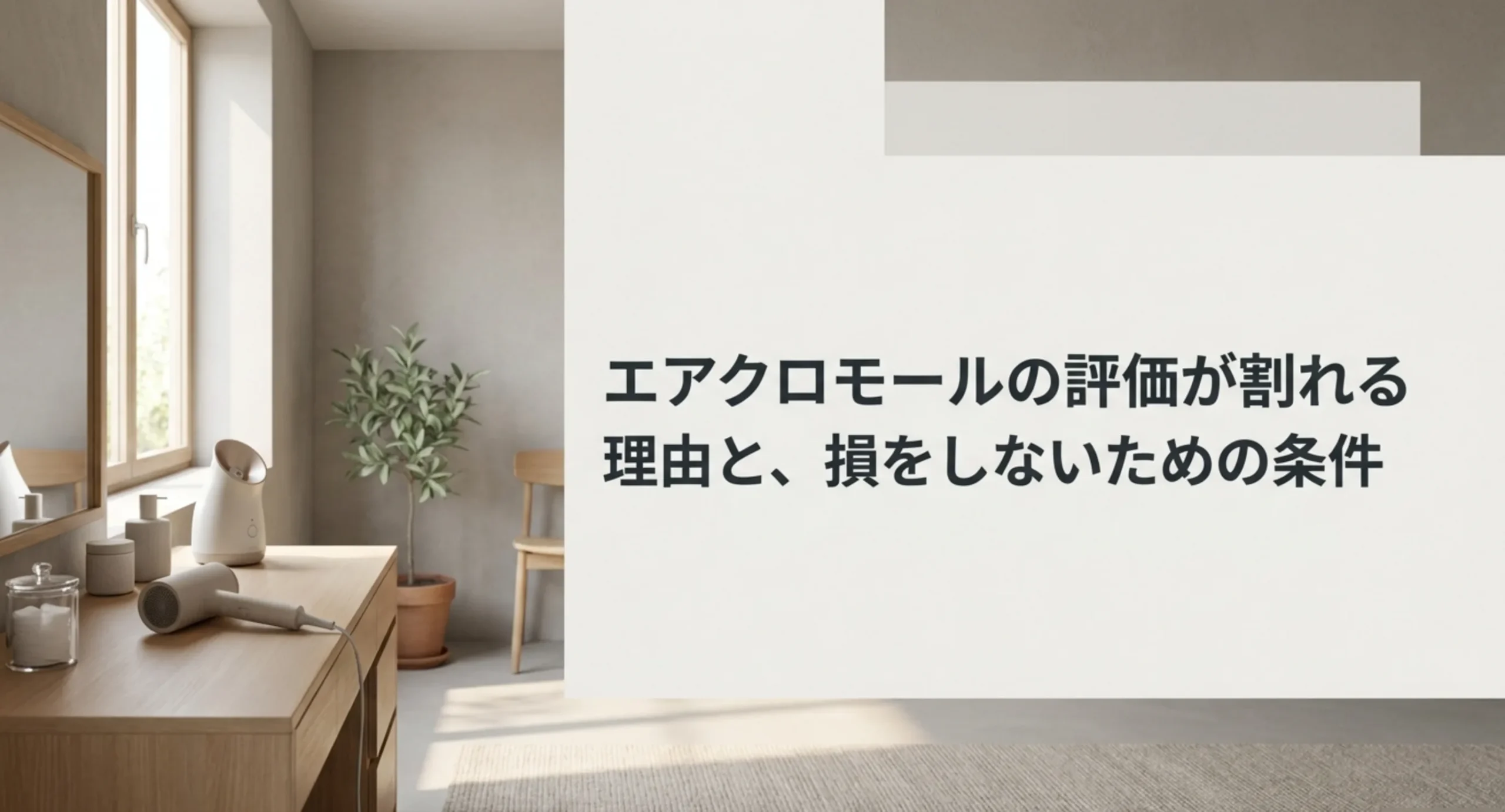 洗面台に置かれたドライヤーとスチーマーを背景に、エアクロモールの評価が割れる理由と損をしないための条件と記した表紙スライド