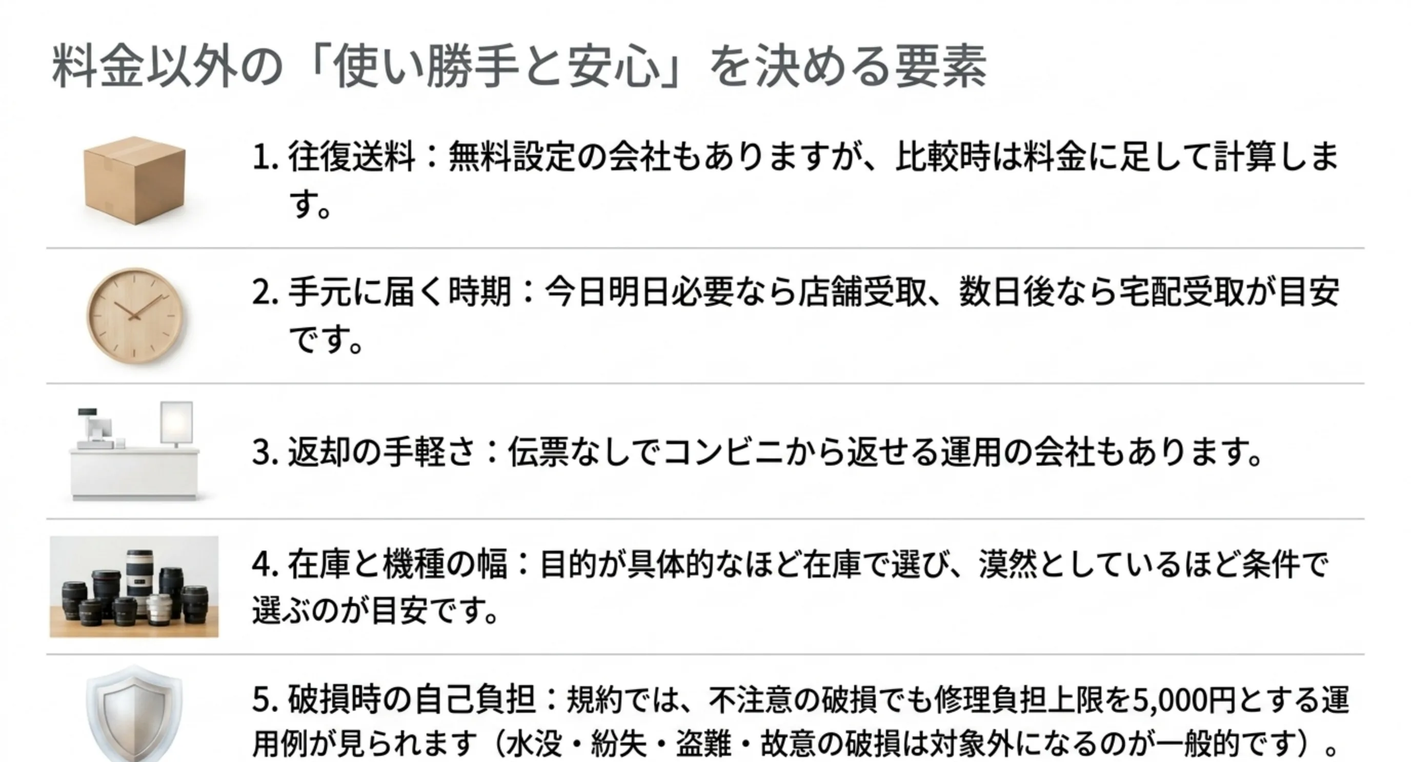往復送料・手元に届く時期・返却の手軽さ・在庫と機種の幅・破損時の自己負担という5つの条件を、確認のポイントとともに並べたスライド