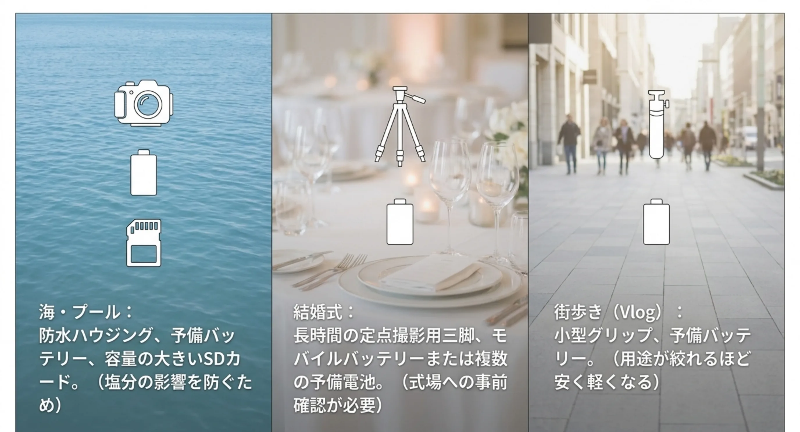 海やプールでは防水ハウジングと予備バッテリー、結婚式では三脚とモバイルバッテリー、街歩きでは小型グリップというように用途別に必要な装備を並べたスライド
