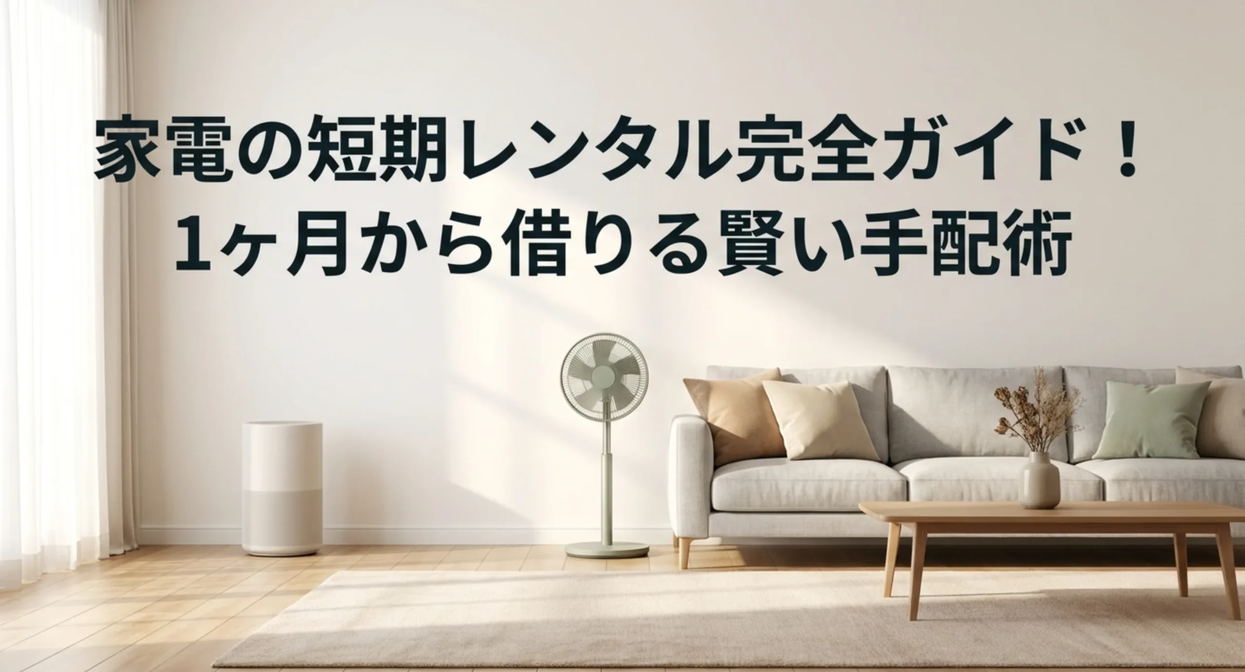 扇風機と空気清浄機が置かれた明るいリビングを背景に、家電の短期レンタル完全ガイドと記した表紙スライド