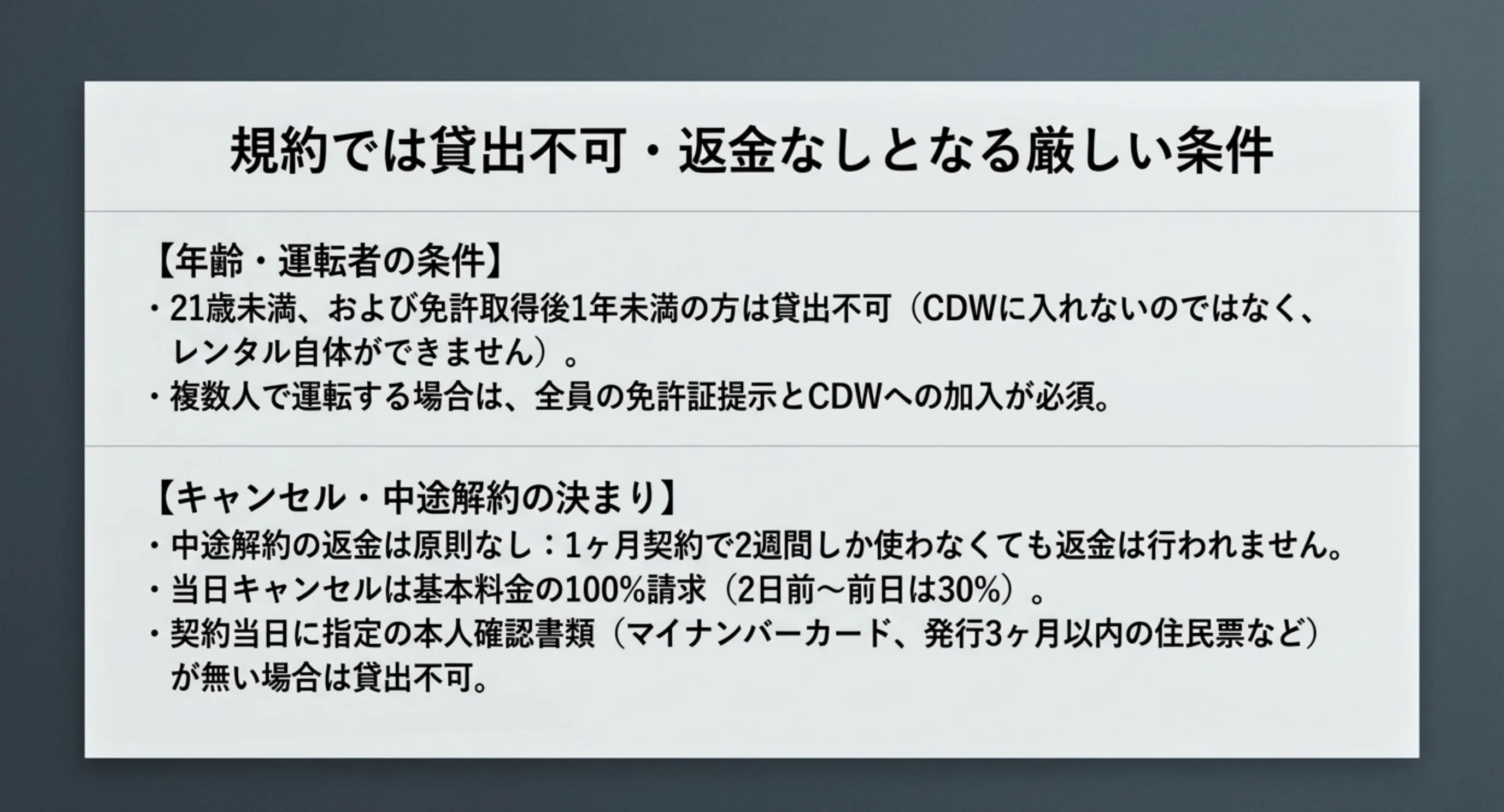 21歳未満と免許取得1年未満は貸出不可であることと、中途解約の返金なし・当日キャンセル100パーセントの規定を示したスライド