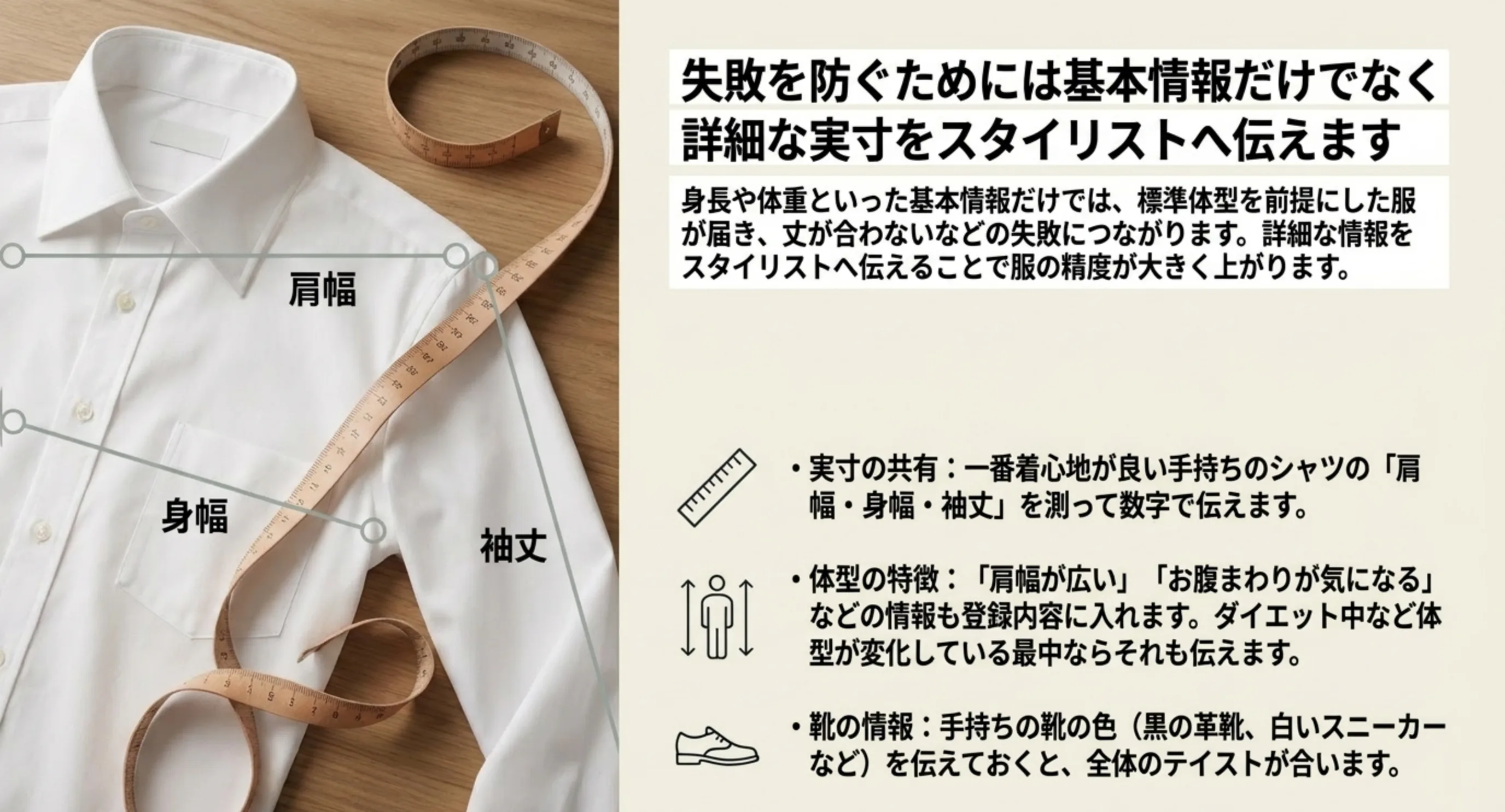 手持ちのシャツの肩幅・身幅・袖丈を測って数字で伝えることを示した図解のスライド