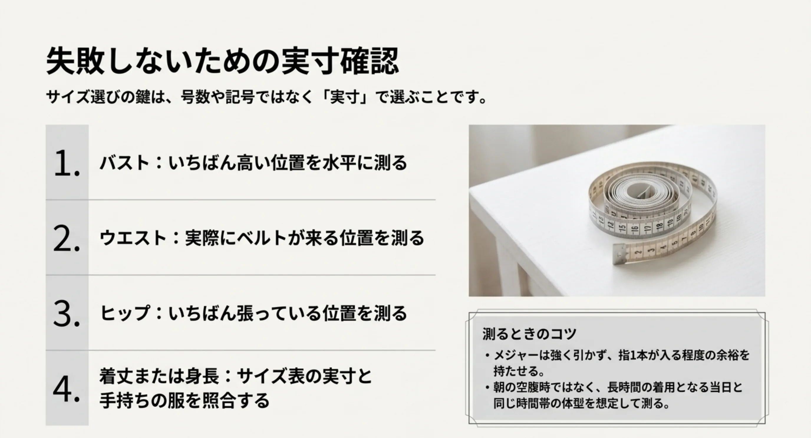 バスト・ウエスト・ヒップ・着丈という測る4か所と、指1本分の余裕を持たせる測り方のコツを示したスライド