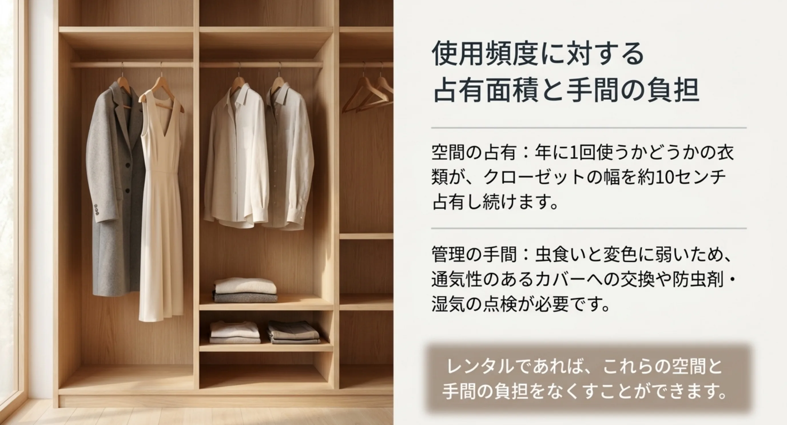 年に1回使うかどうかの喪服がクローゼットの幅を占有し続けることと、虫食いや変色への管理が必要なことを示したスライド