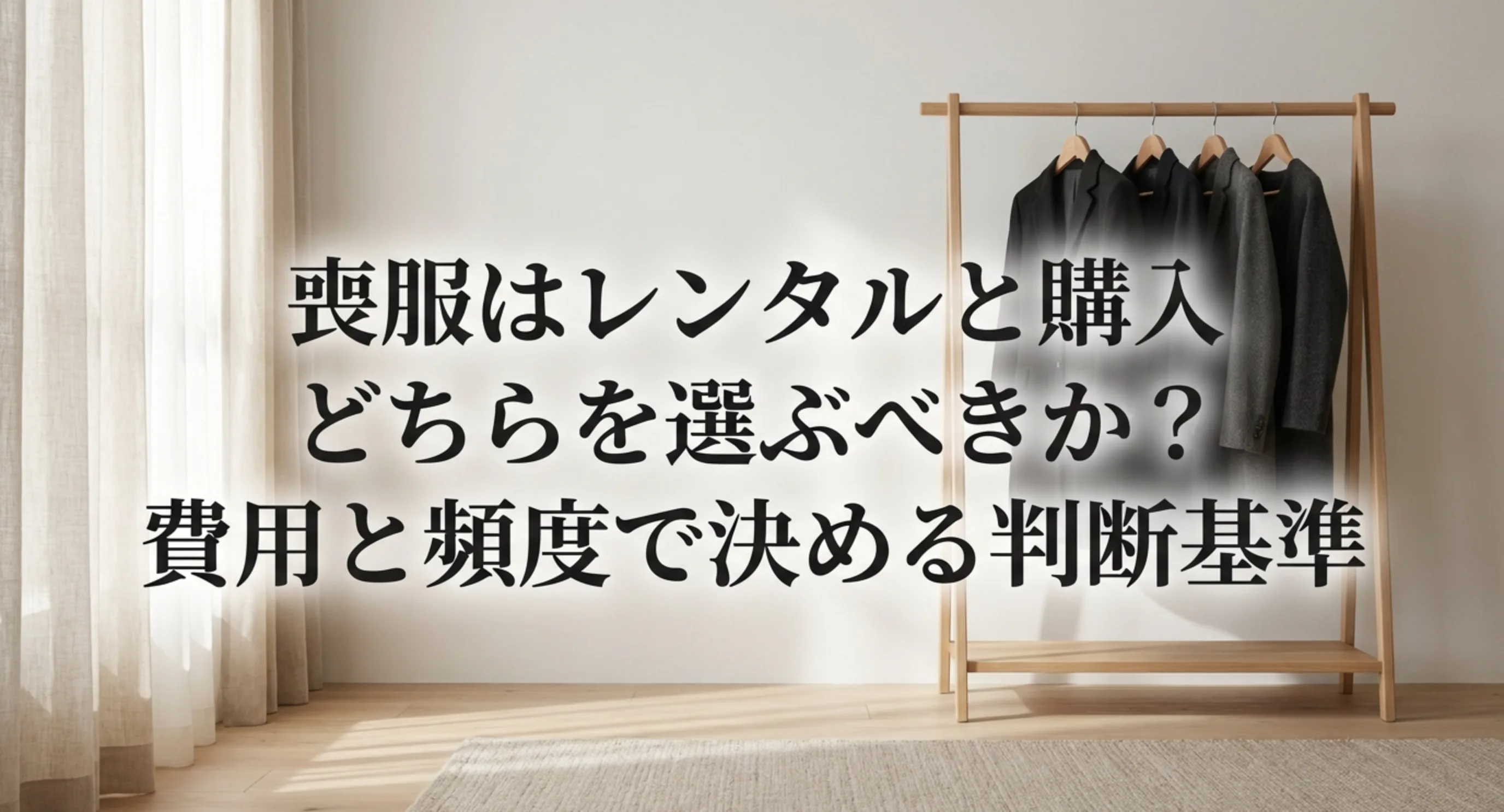 喪服をレンタルするか購入するかを費用と頻度で判断する基準を扱うことを示した表紙スライド