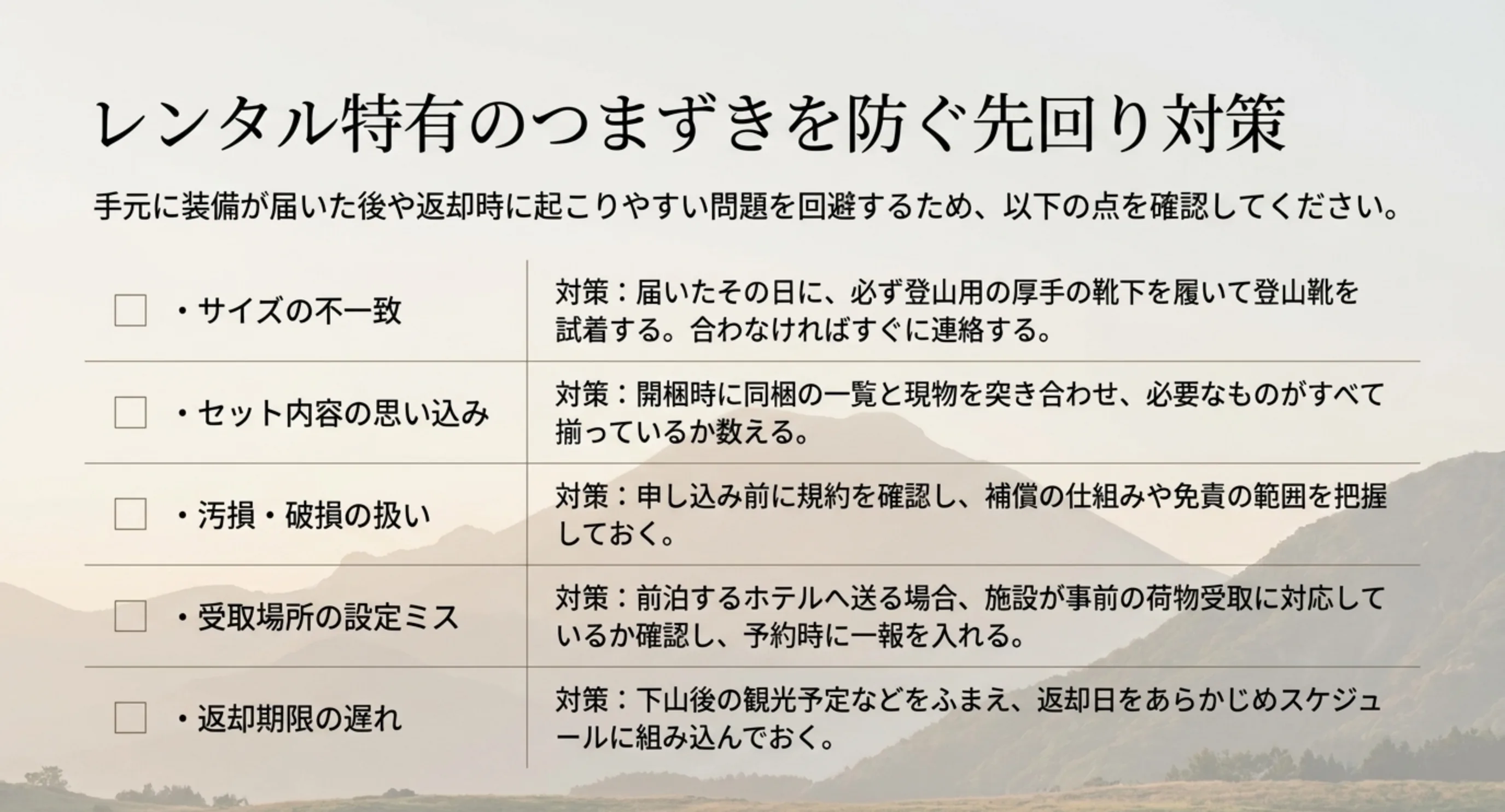 サイズの不一致・セット内容の思い込み・汚損や破損の扱い・受取場所の設定ミス・返却期限の遅れという5つのつまずきと対策を並べたスライド