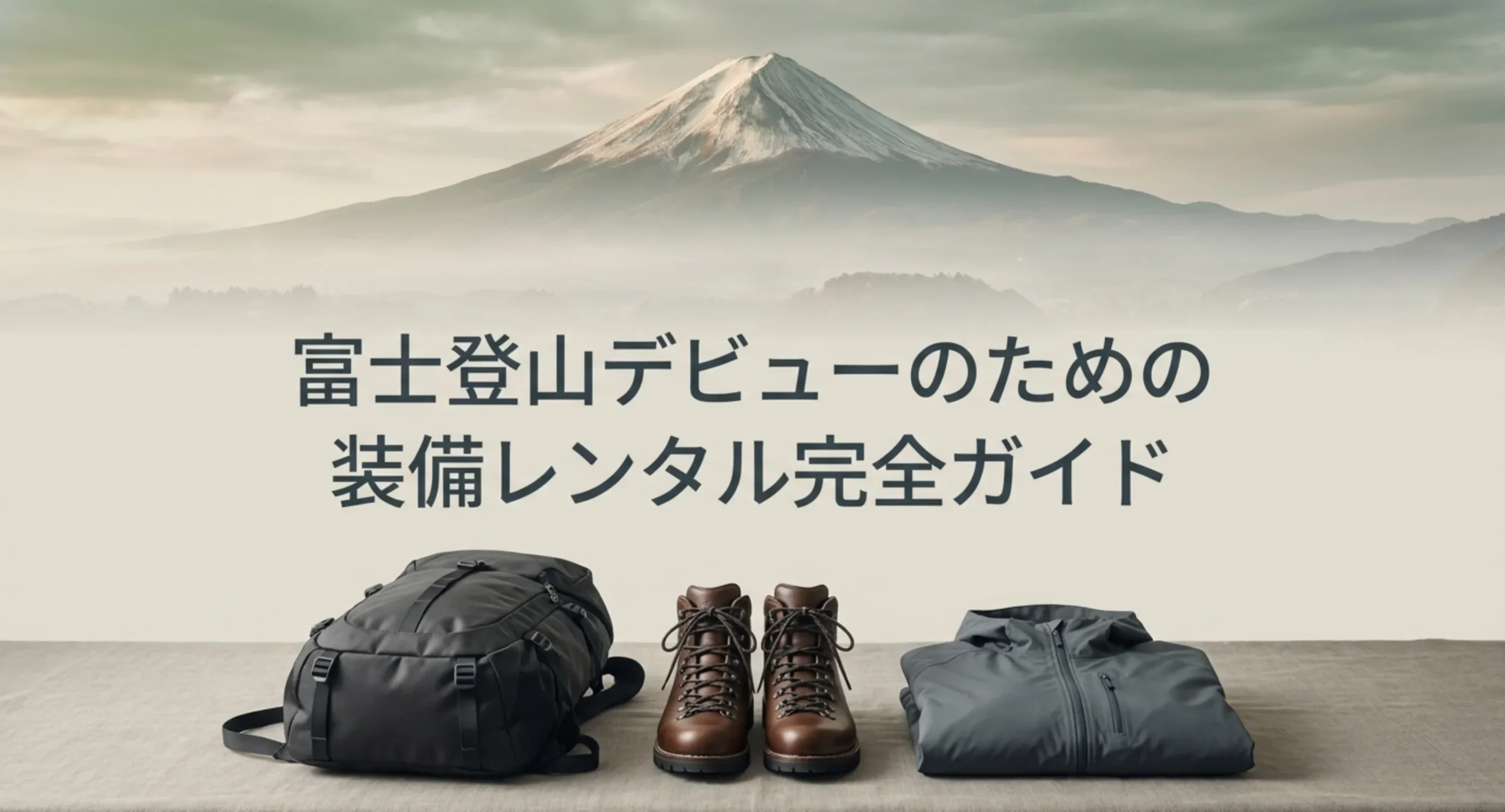 富士山を背景に登山靴・ザック・レインウェアを並べた、登山用品レンタルガイドの表紙スライド
