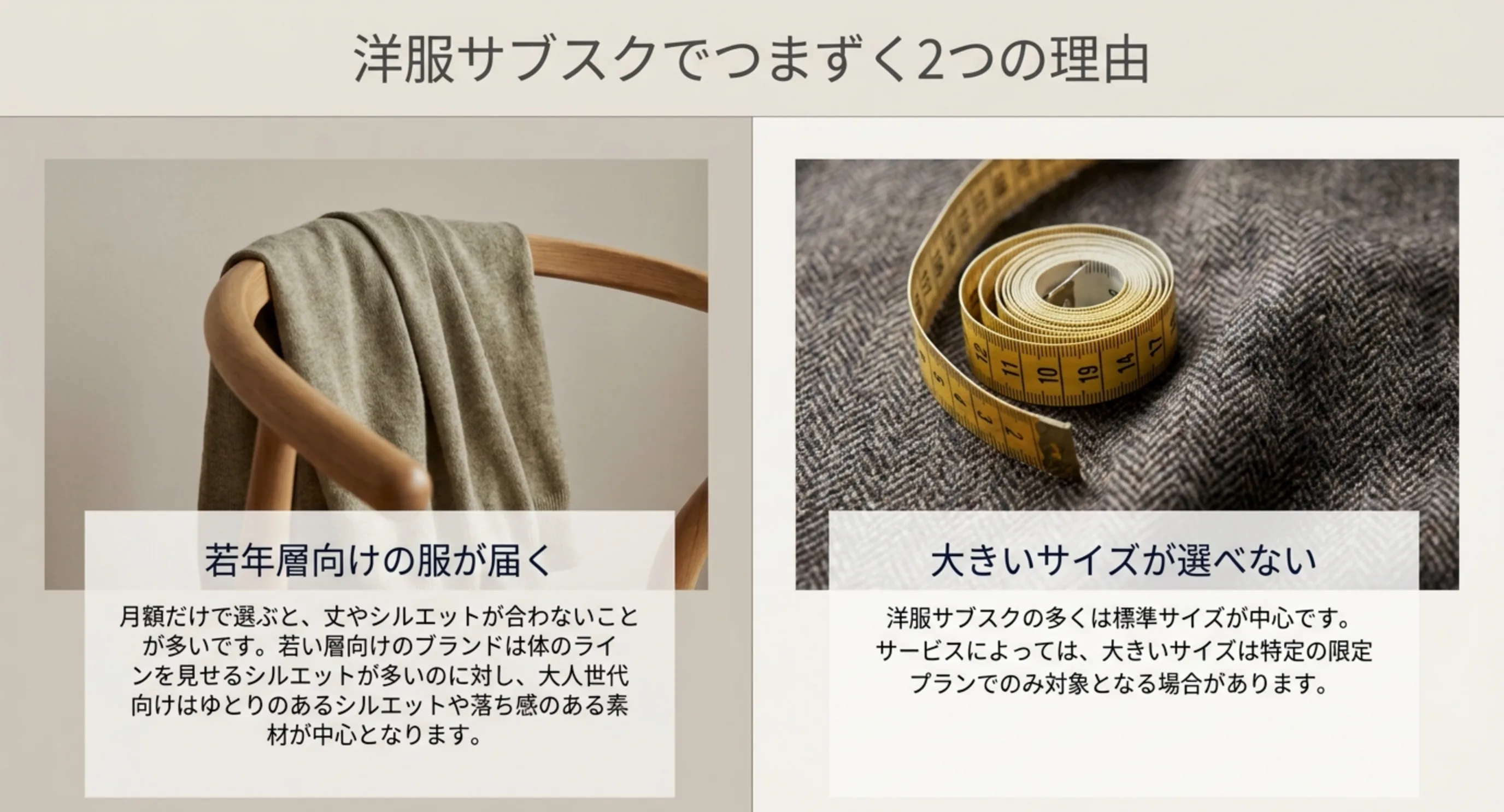 若年層向けの服が届くことと大きいサイズが選べないことという2つのつまずきを示したスライド