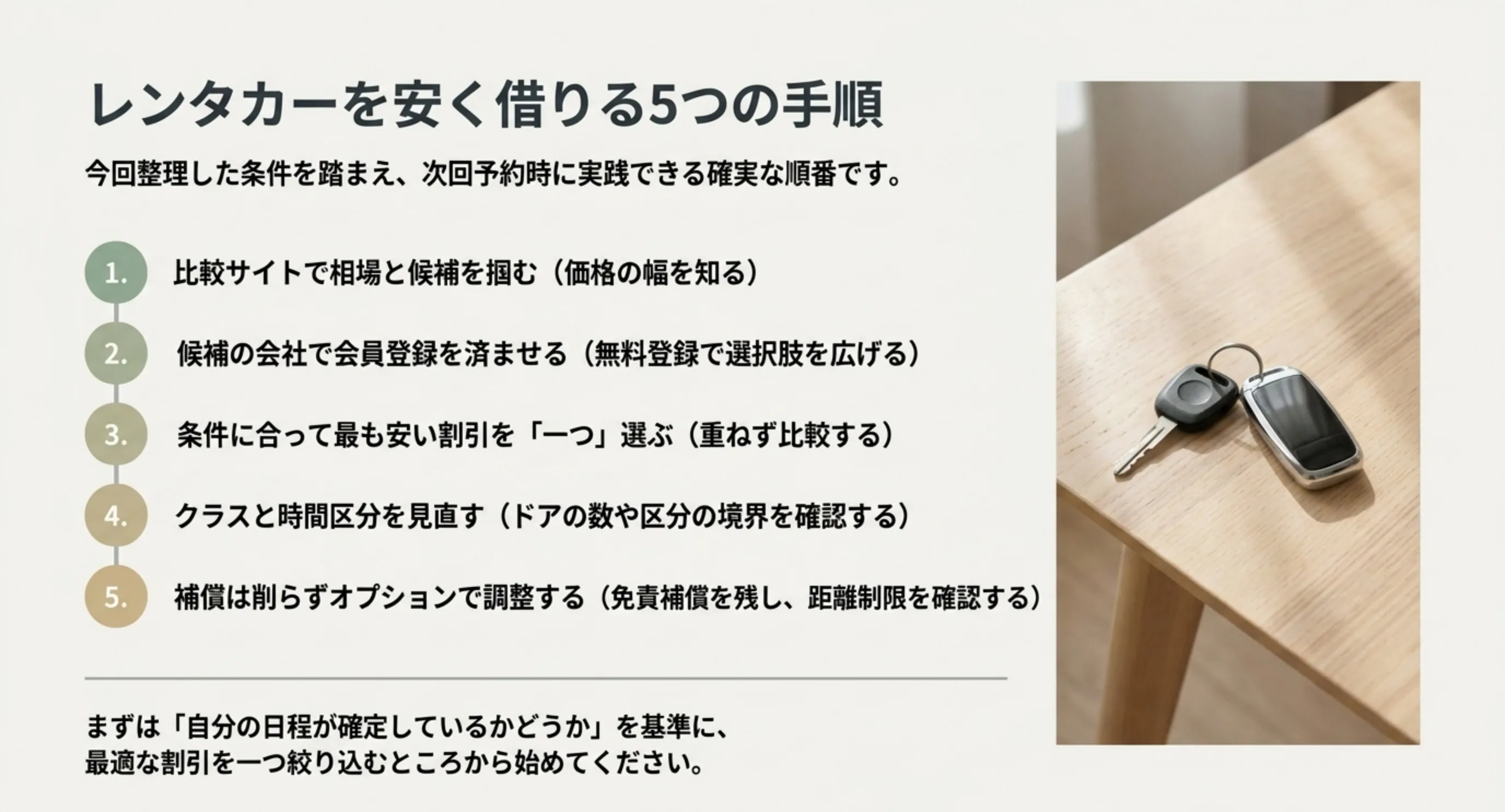 比較サイトで相場を掴む・会員登録・割引を一つ選ぶ・クラスと時間区分の見直し・補償は削らないという5手順を番号付きで並べたスライド