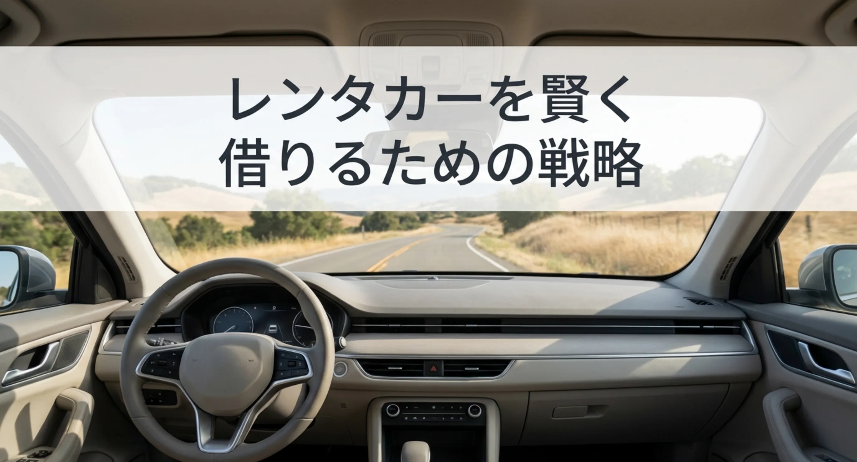 運転席から前方の道路を見た車内の写真に「レンタカーを賢く借りるための戦略」と記した記事の表紙スライド