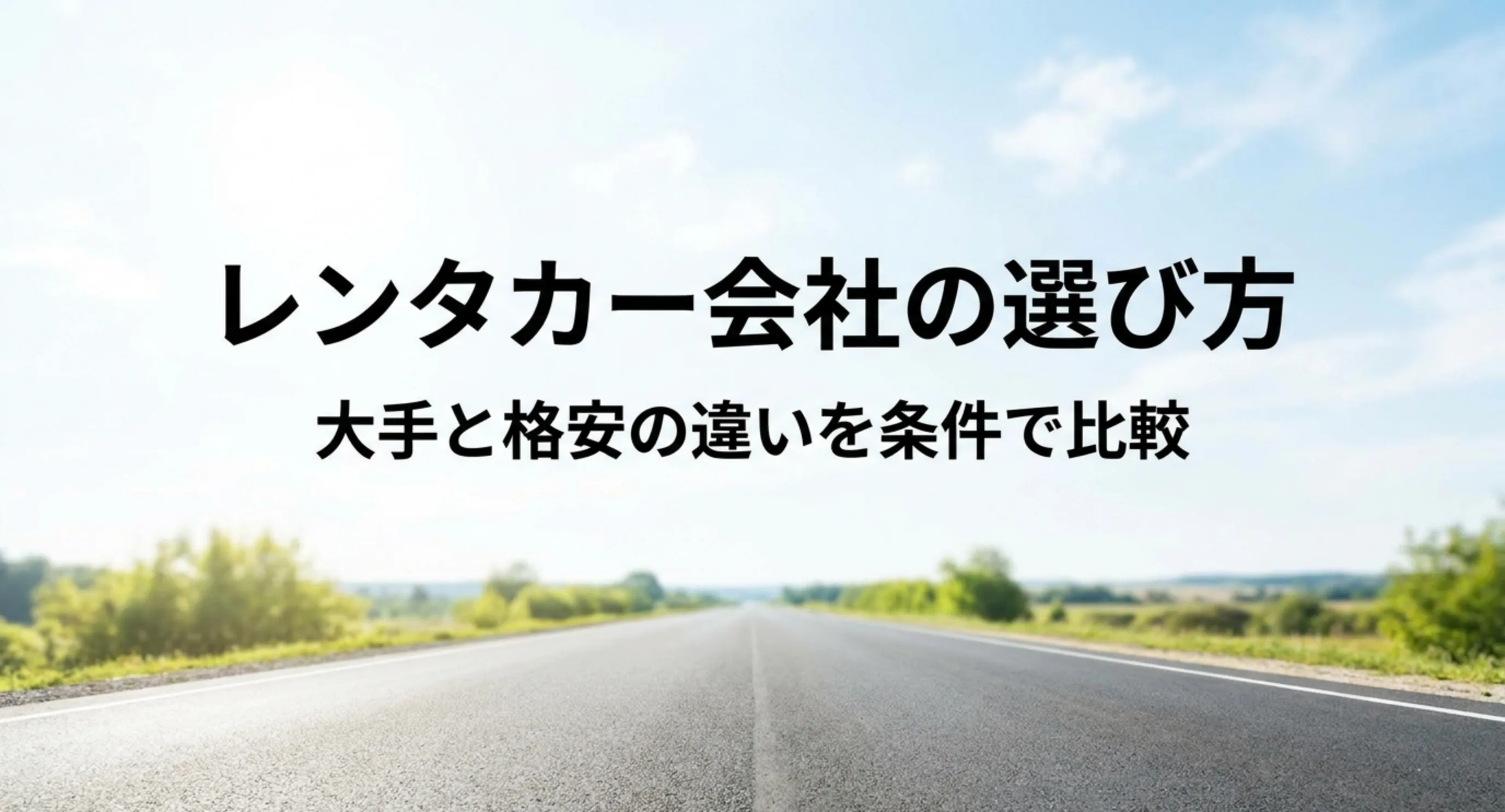 まっすぐ伸びる道路の写真に「レンタカー会社の選び方 大手と格安の違いを条件で比較」と記した記事の表紙スライド
