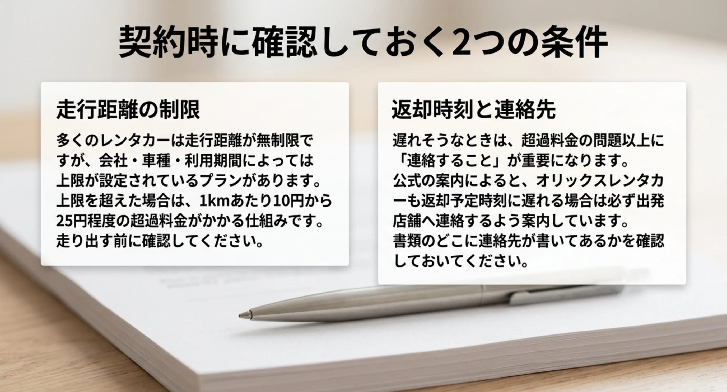 走行距離の制限と返却時刻および連絡先という契約時に確認すべき2つの条件をまとめたスライド