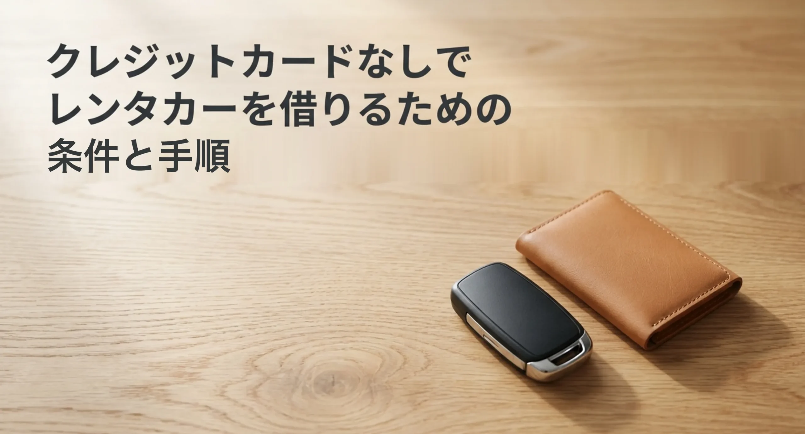クレジットカードなしでレンタカーを借りるための条件と手順をまとめた表紙スライド