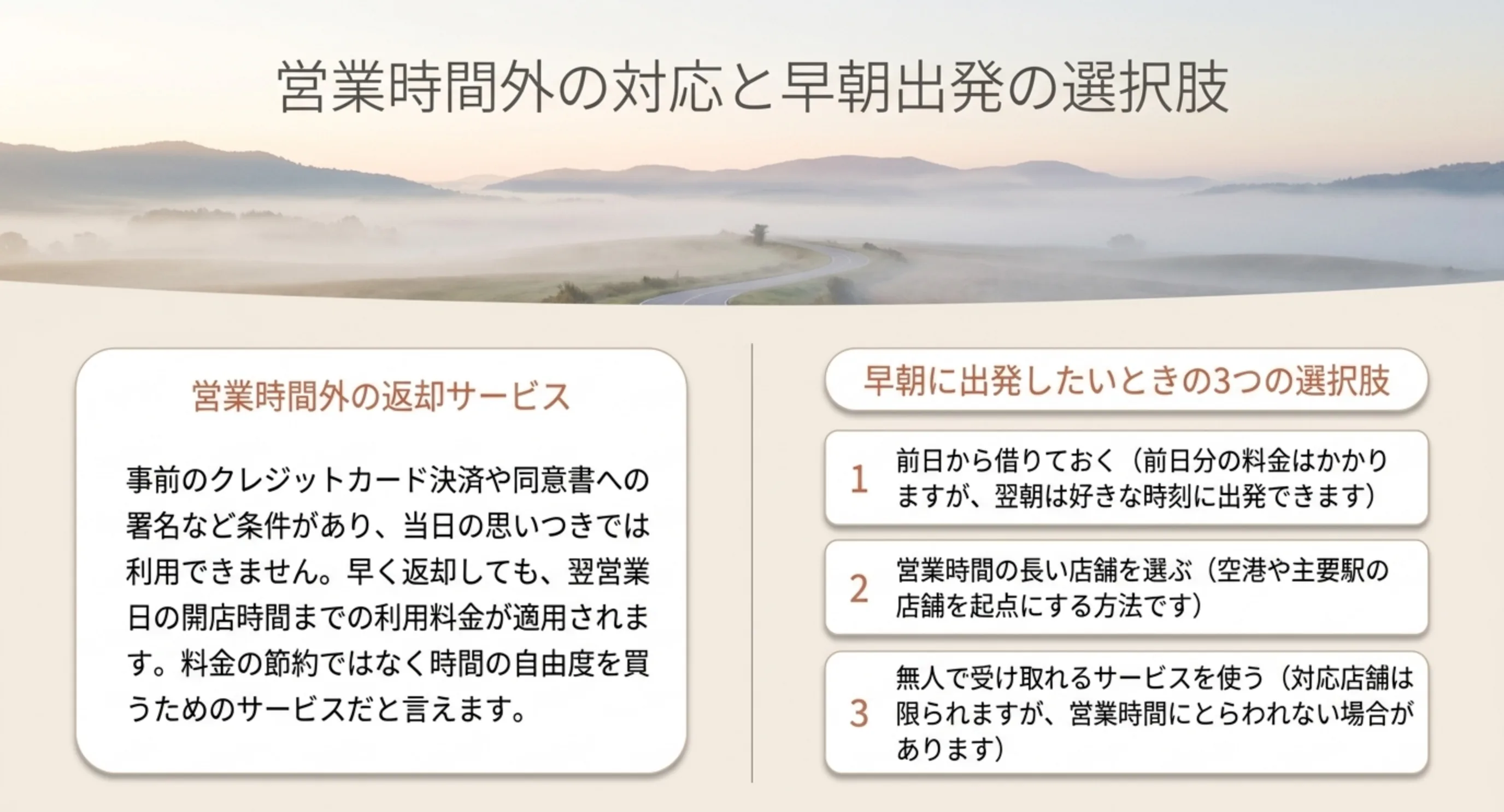 営業時間外返却サービスの条件と、前日から借りる・営業時間の長い店舗・無人受け取りという早朝出発の3つの選択肢を示したスライド