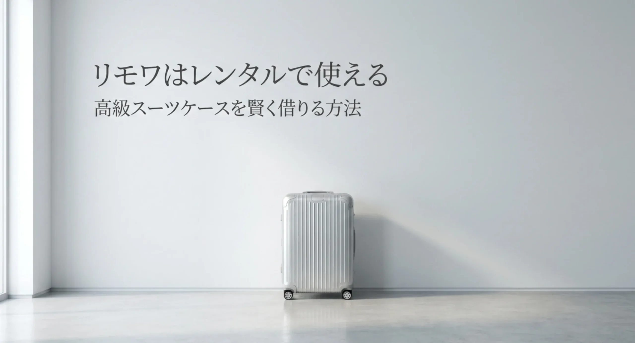 白い壁の前に置かれたシルバーのアルミスーツケースを背景に、リモワはレンタルで使えると記した表紙スライド