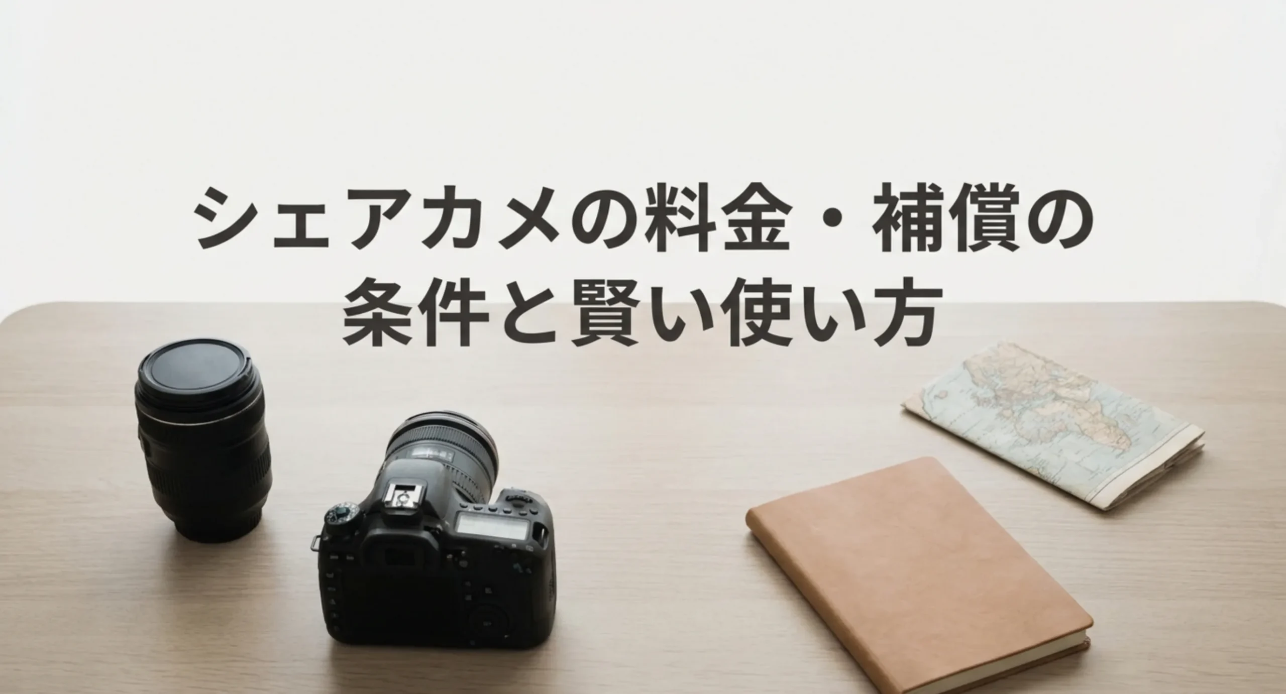 机に置かれた一眼レフカメラとレンズ、ノートと地図を背景に、シェアカメの料金・補償の条件と賢い使い方と記した表紙スライド