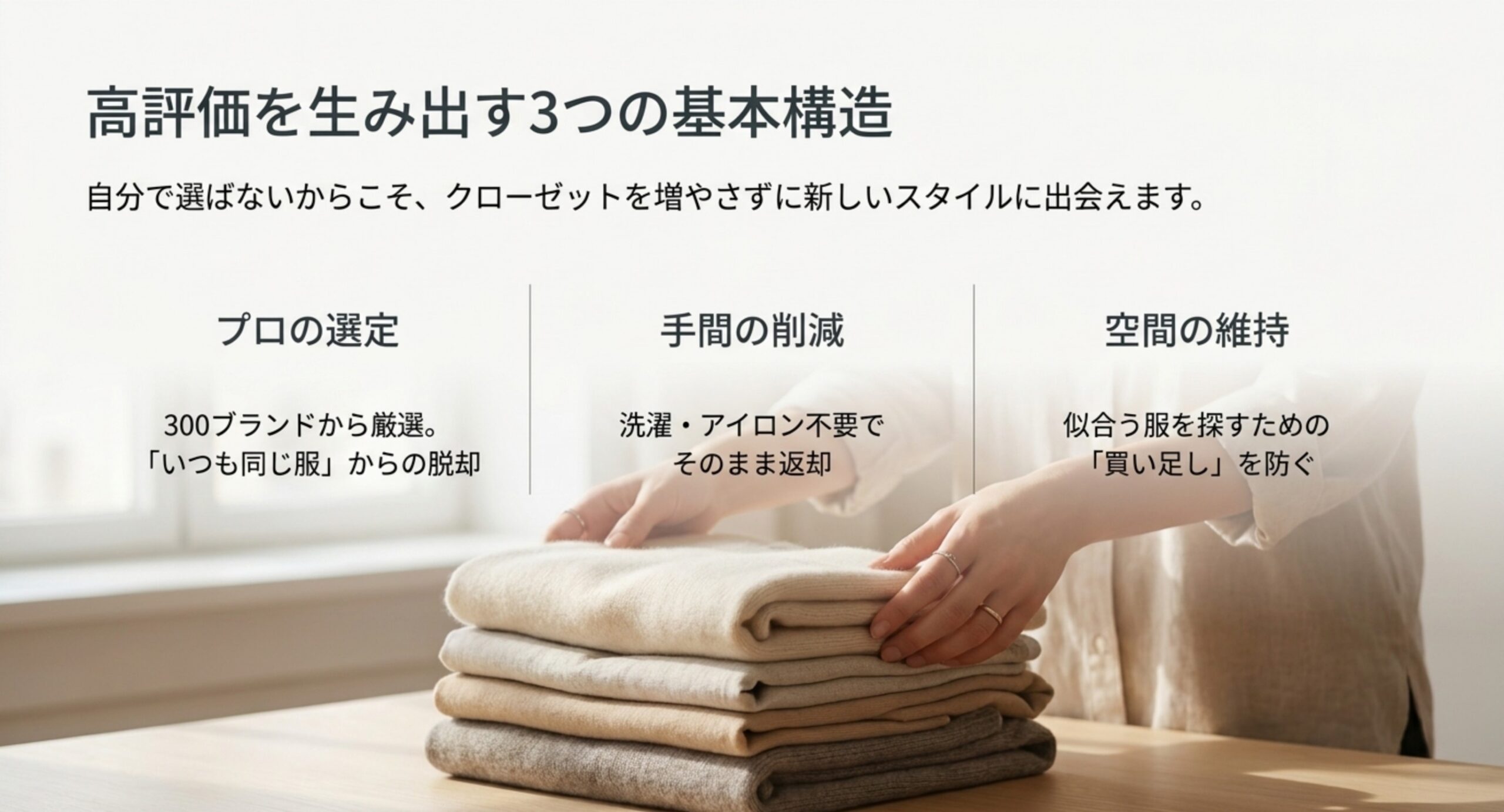 300ブランドからのプロの選定、洗濯やアイロンが不要な手間の削減、買い足しを防いで空間を保てることの3点を並べたスライド