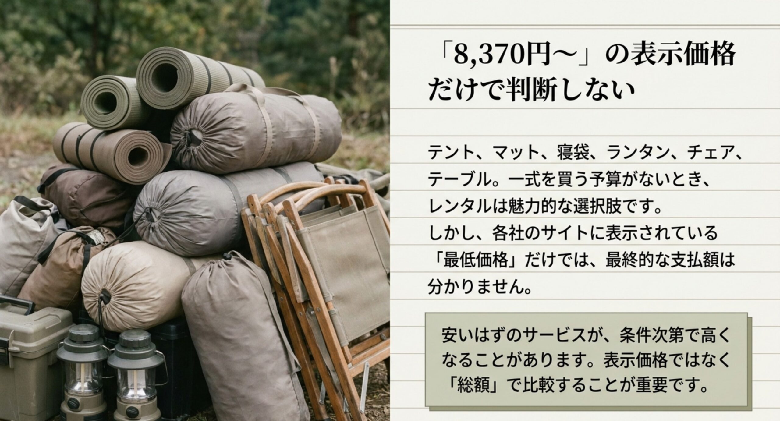 レンタル用のマットや寝袋が積み上がった写真とともに、サイトに表示された最低価格だけでは最終的な支払額が分からないことを説明したスライド