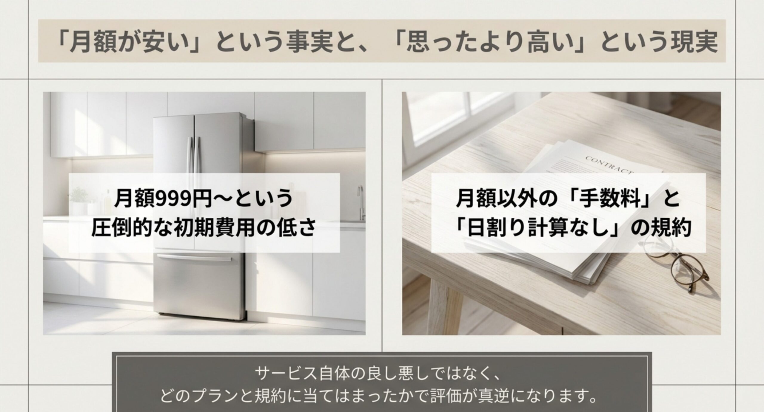 月額999円からという初期費用の低さと、月額以外の手数料や日割り計算なしの規約を左右に並べ、当てはまった条件で評価が変わることを示した表紙スライド