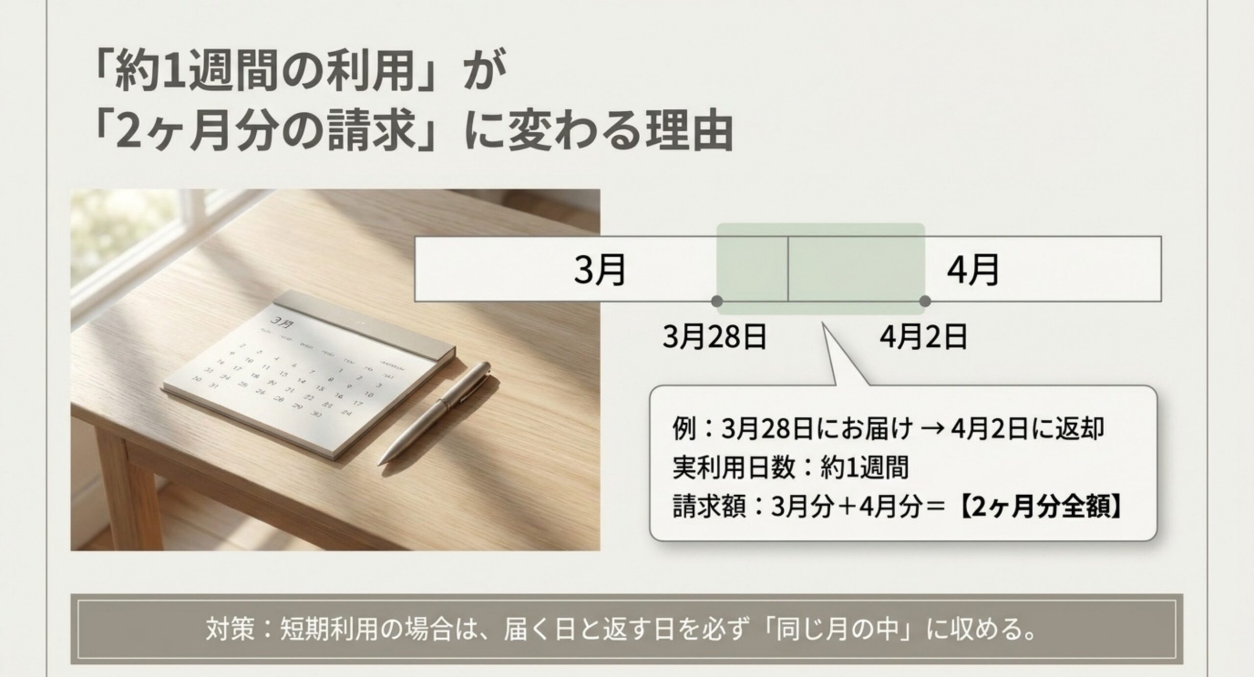 3月28日に届いて4月2日に返却した場合、実利用が約1週間でも3月分と4月分の2か月分が請求される計算を時系列で示したスライド
