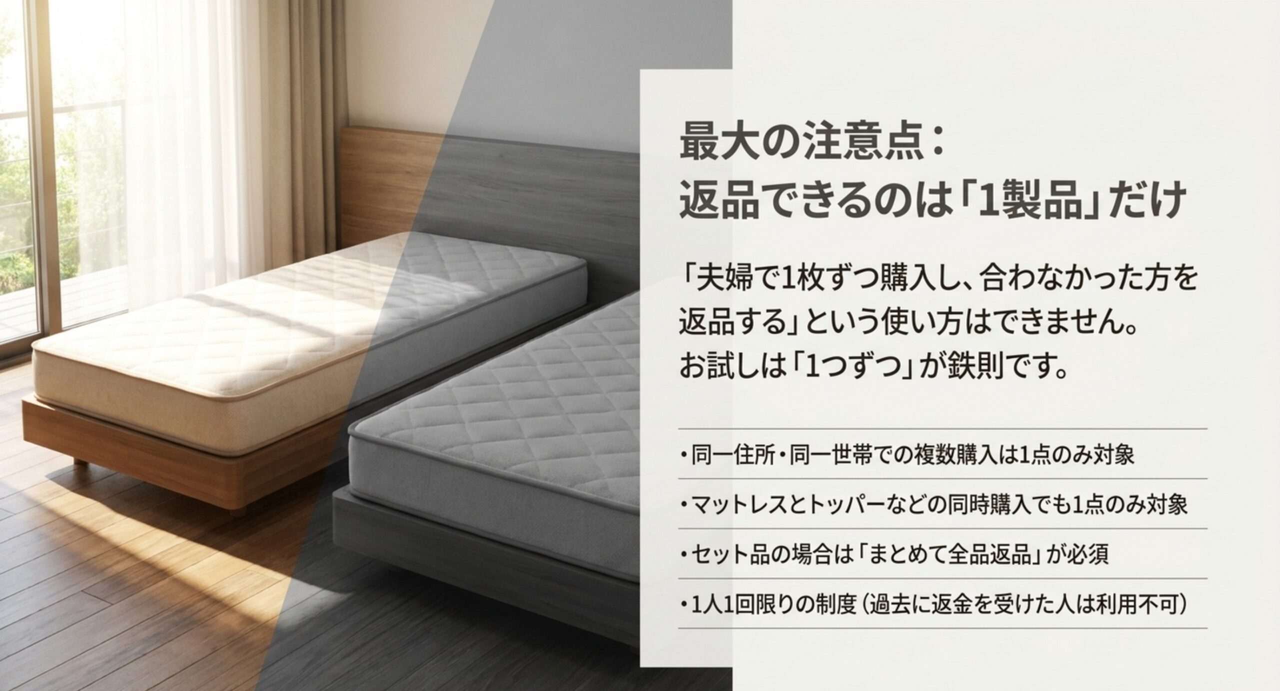 夫婦で1枚ずつ購入して合わない方を返すという使い方ができないことと、同一世帯やセット購入時の1点のみという条件を並べたスライド