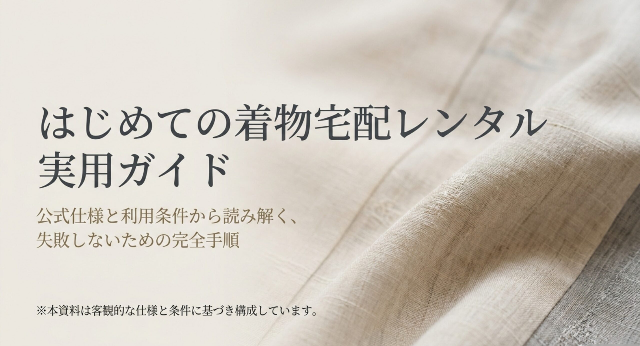 淡い色の着物地の写真に「はじめての着物宅配レンタル実用ガイド」の文字が入った表紙のスライド