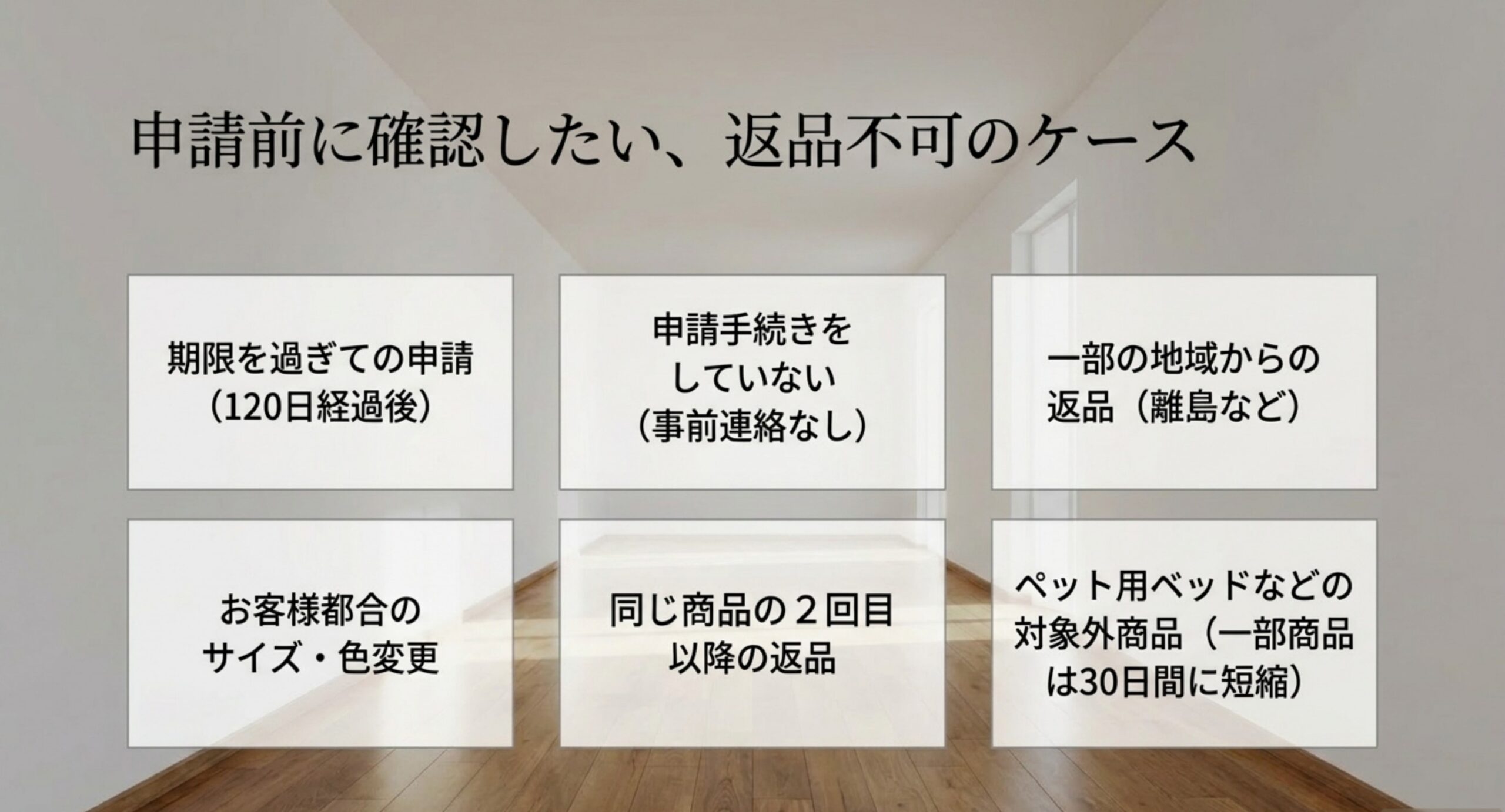 期限超過、申請未提出、離島からの返品、サイズや色の変更、同一商品の2回目、対象外商品という返品不可の条件を6つの枠で示したスライド
