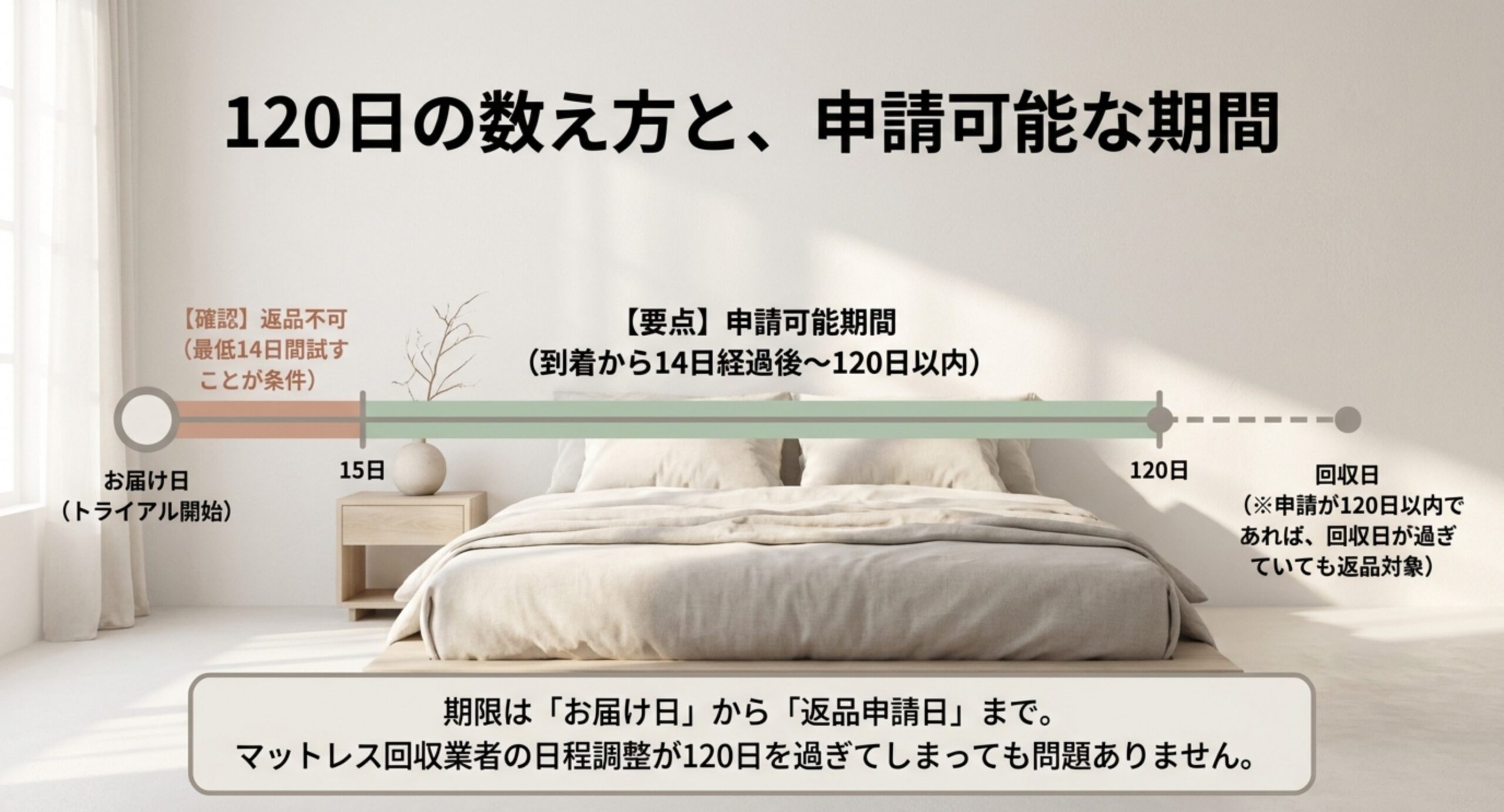 お届け日から14日までは返品不可、15日目から120日目までが申請可能期間で、回収日が120日を過ぎても申請が期間内なら対象になることを示した時系列のスライド