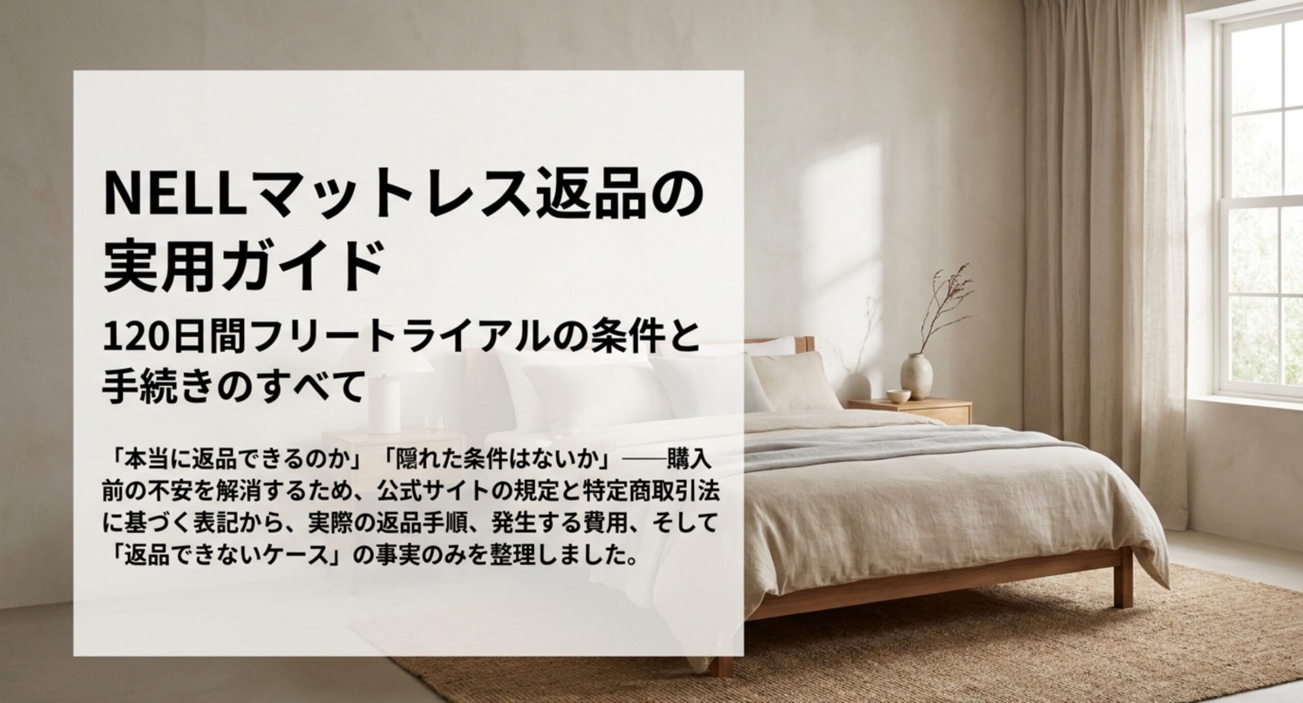 ベッドのある寝室の写真に、NELLマットレス返品の実用ガイドと120日間フリートライアルの条件という表題を重ねた表紙スライド