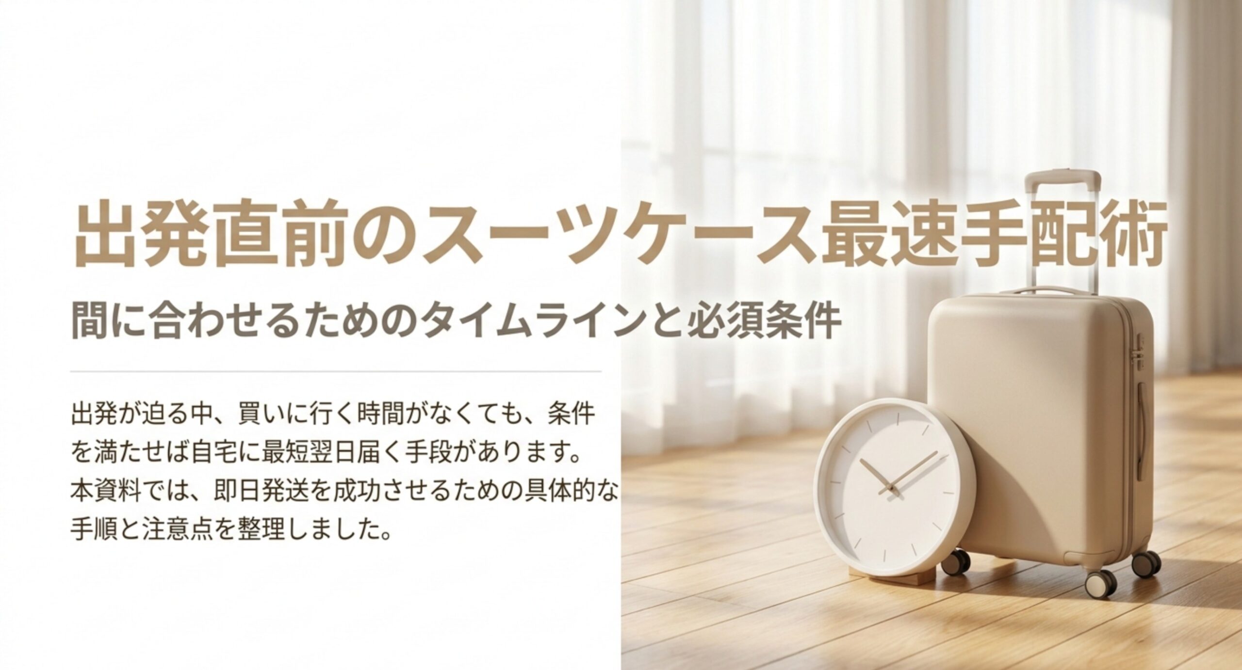 出発が迫っていてもスーツケースを最短翌日で受け取るためのタイムラインと必須条件を示した記事のイメージ