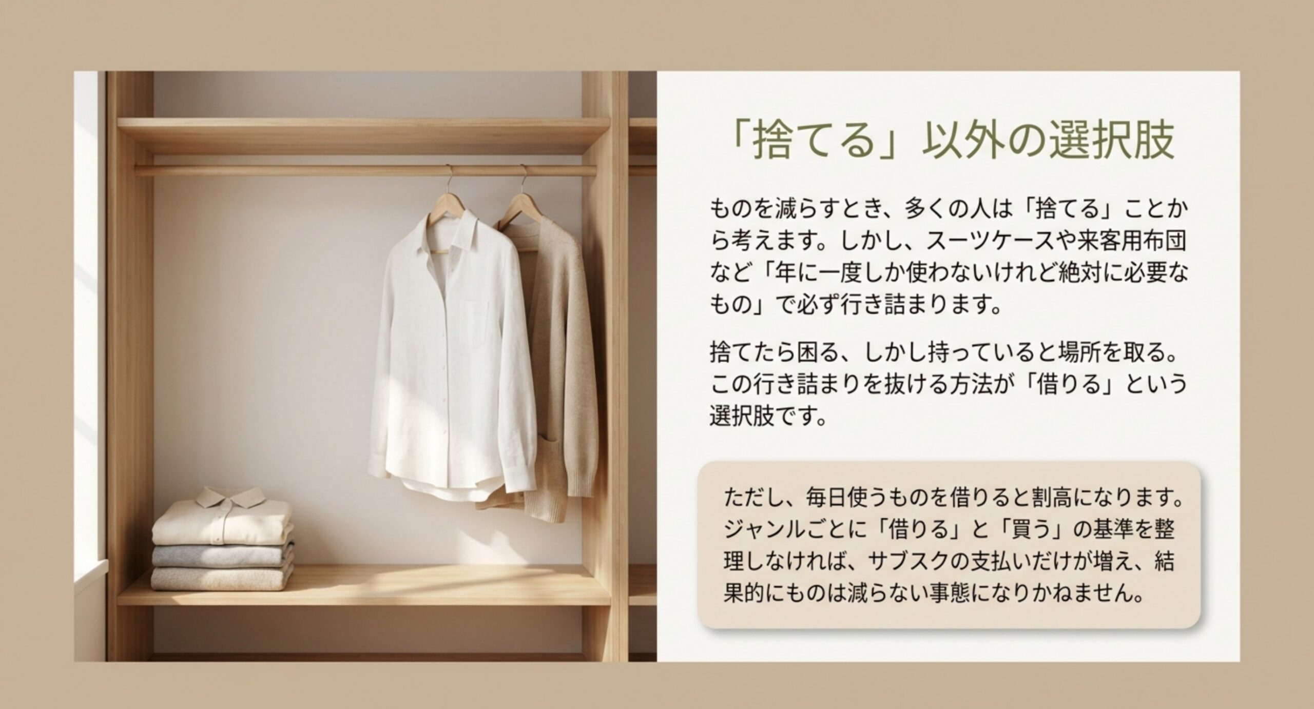 年に一度しか使わないが必要なもので行き詰まる問題と、借りるという選択肢が解決策になることを示した図