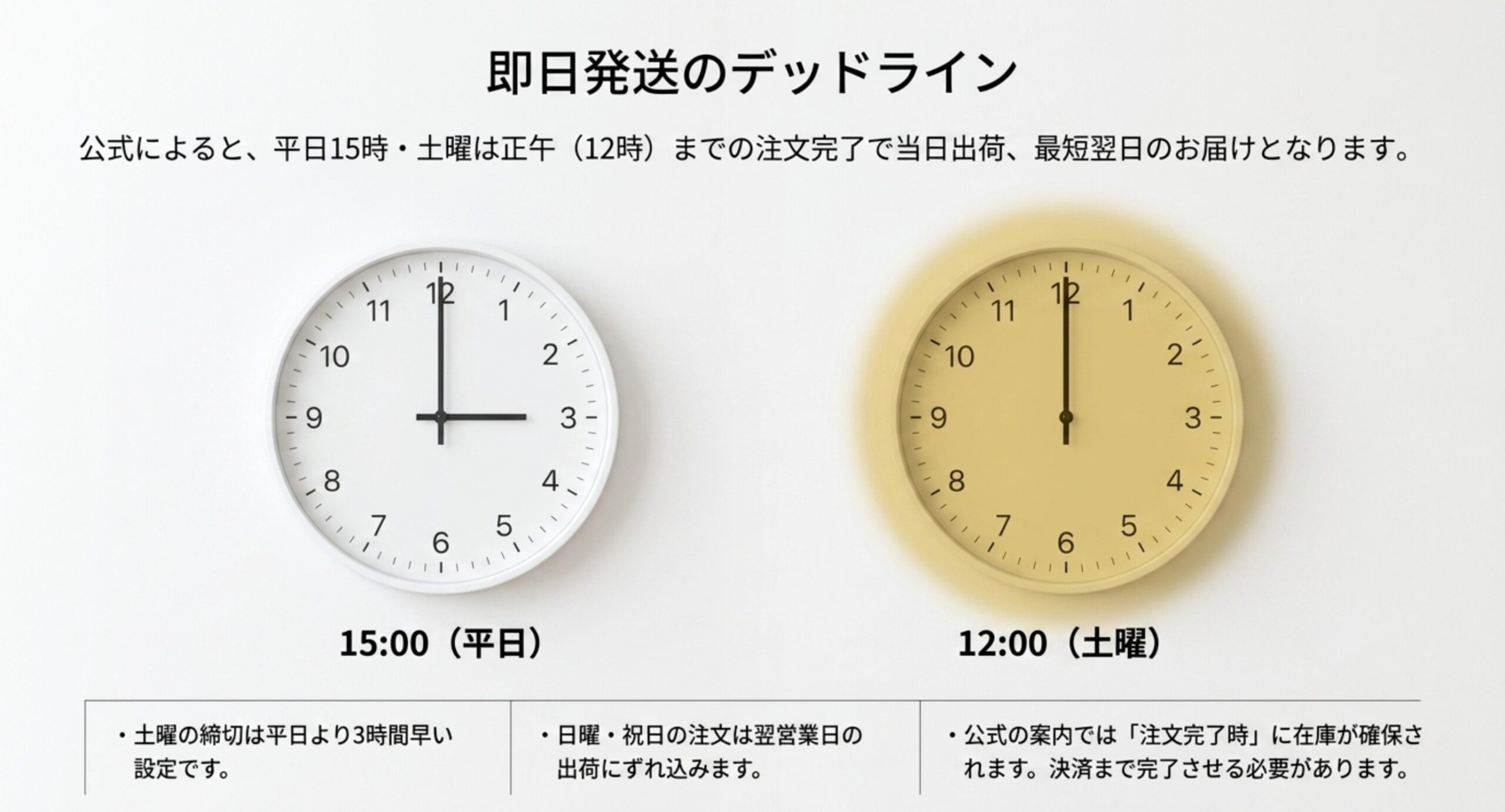 平日15時と土曜正午という即日発送の締切時刻を時計で示し、日曜祝日は翌営業日出荷になることと注文完了時に在庫が確保されることを併記した図