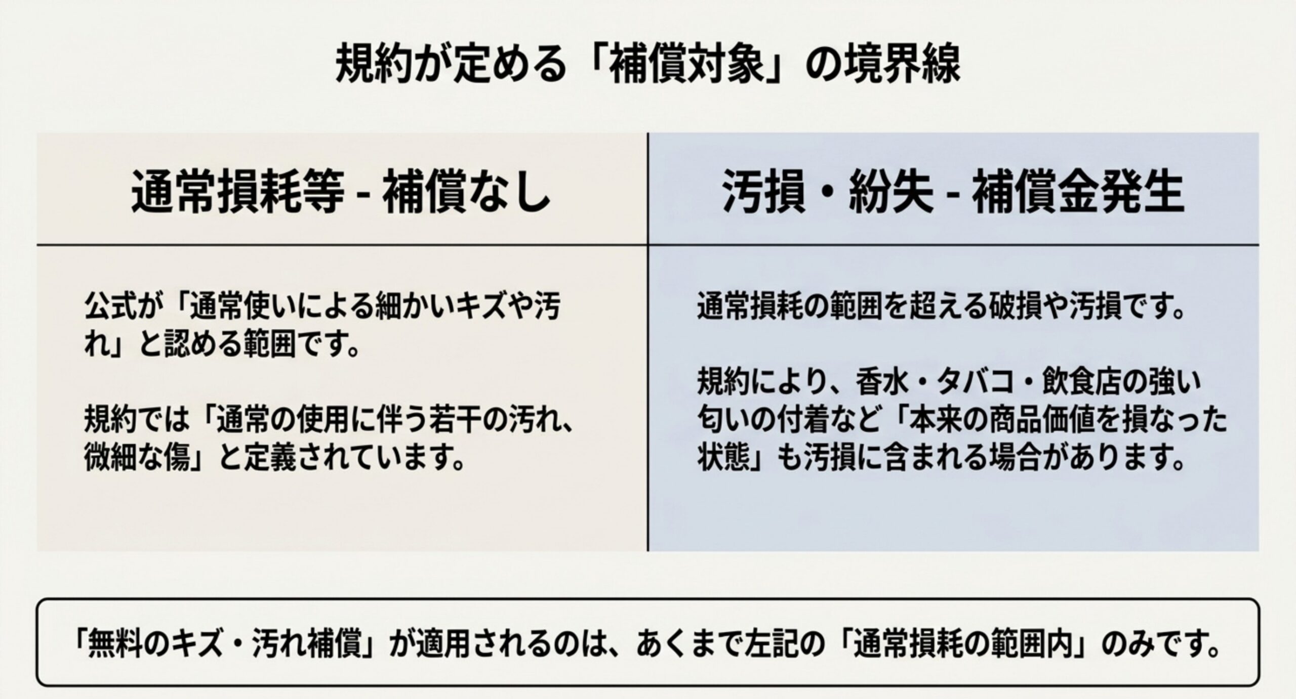 通常損耗等は補償なし、通常損耗を超える汚損や紛失は補償金が発生するという線引きの図
